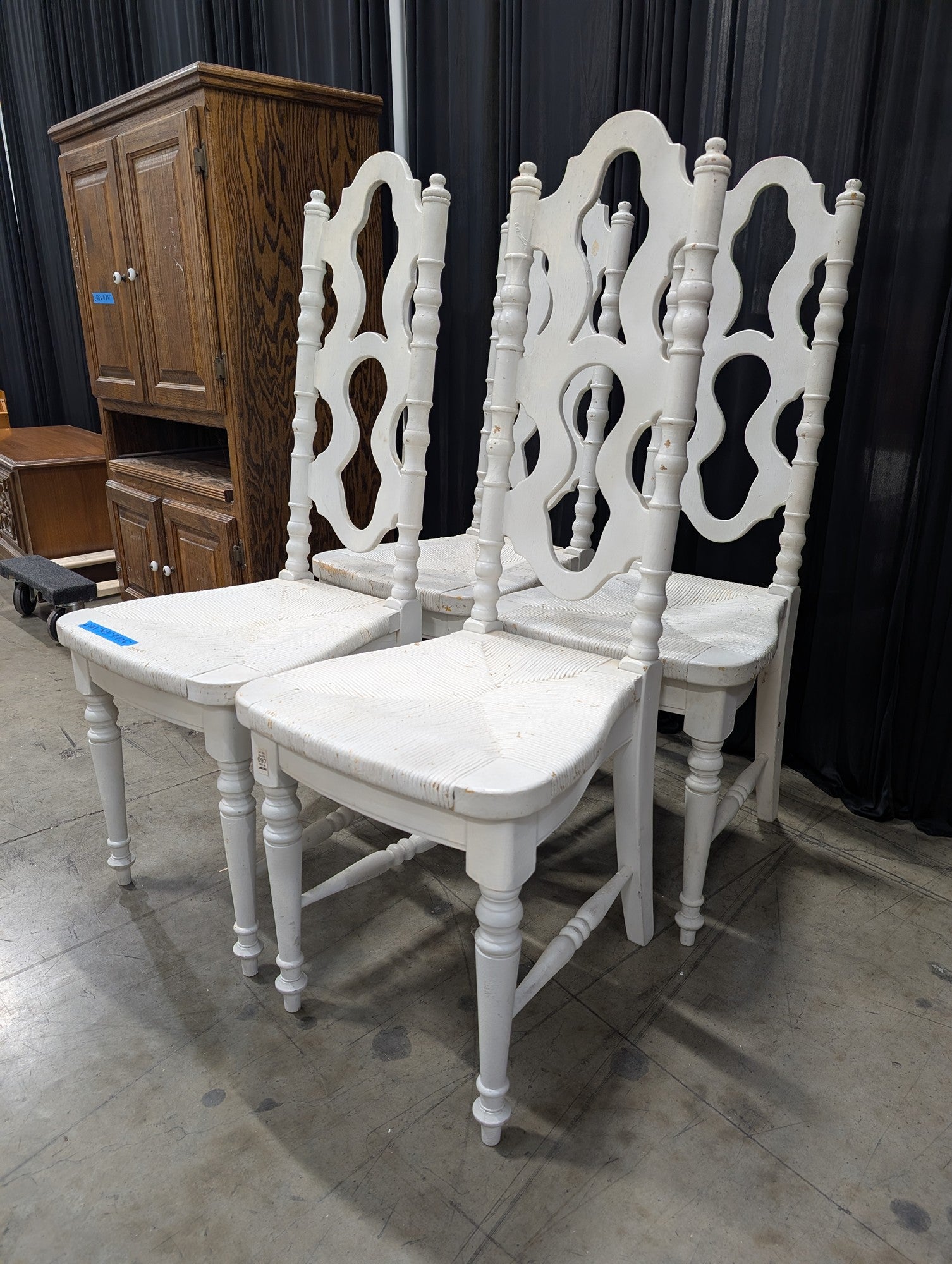 Set of Four White Wood Dining Chairs with Rush Seats