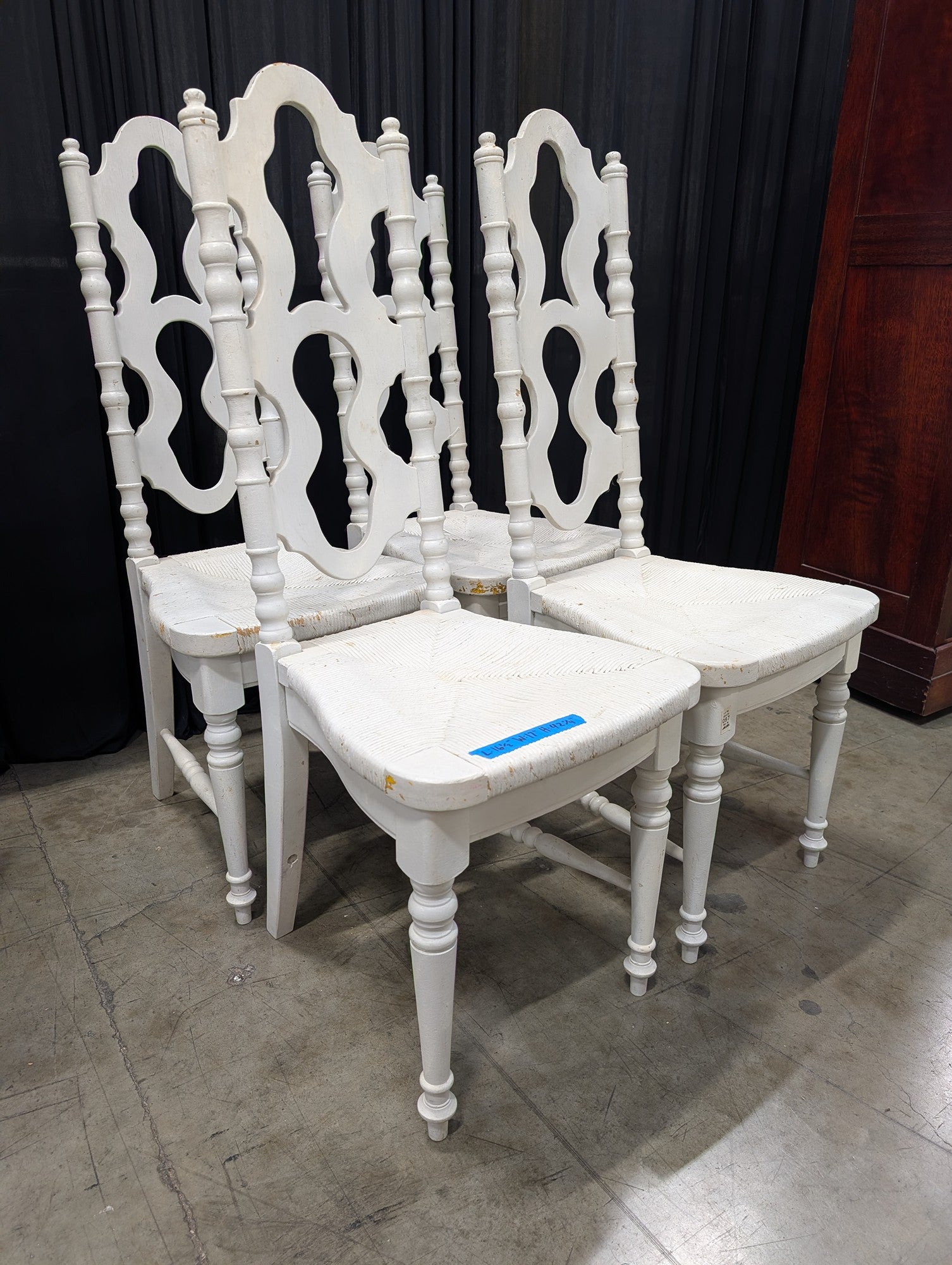 Set of Four White Wood Dining Chairs with Rush Seats