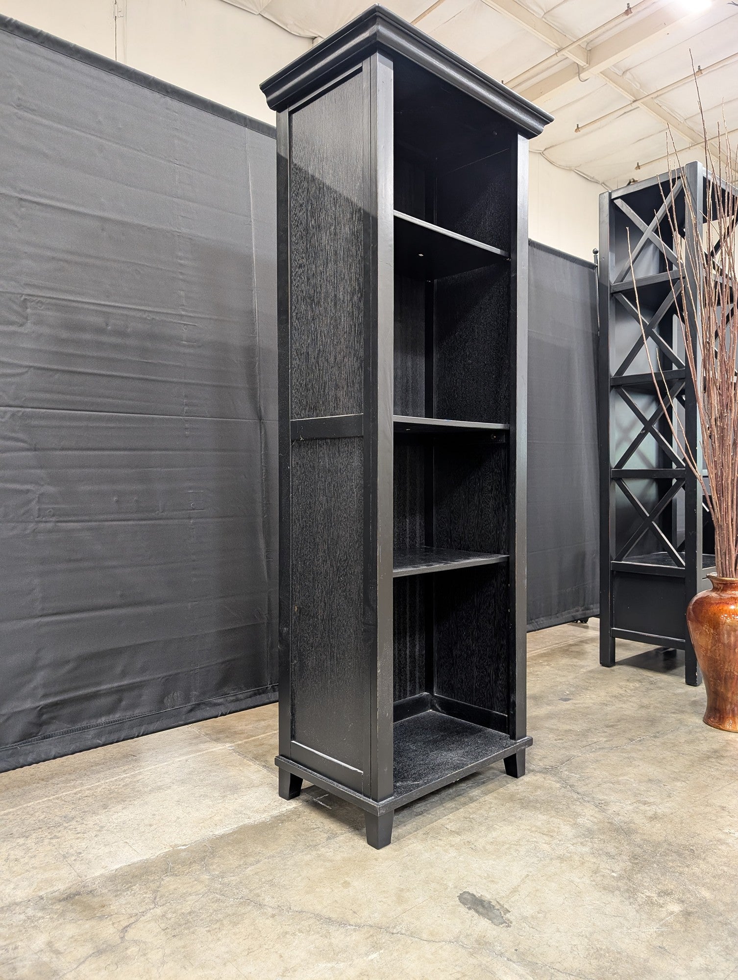 Tall Black Wood Bookcase with Crown Molding