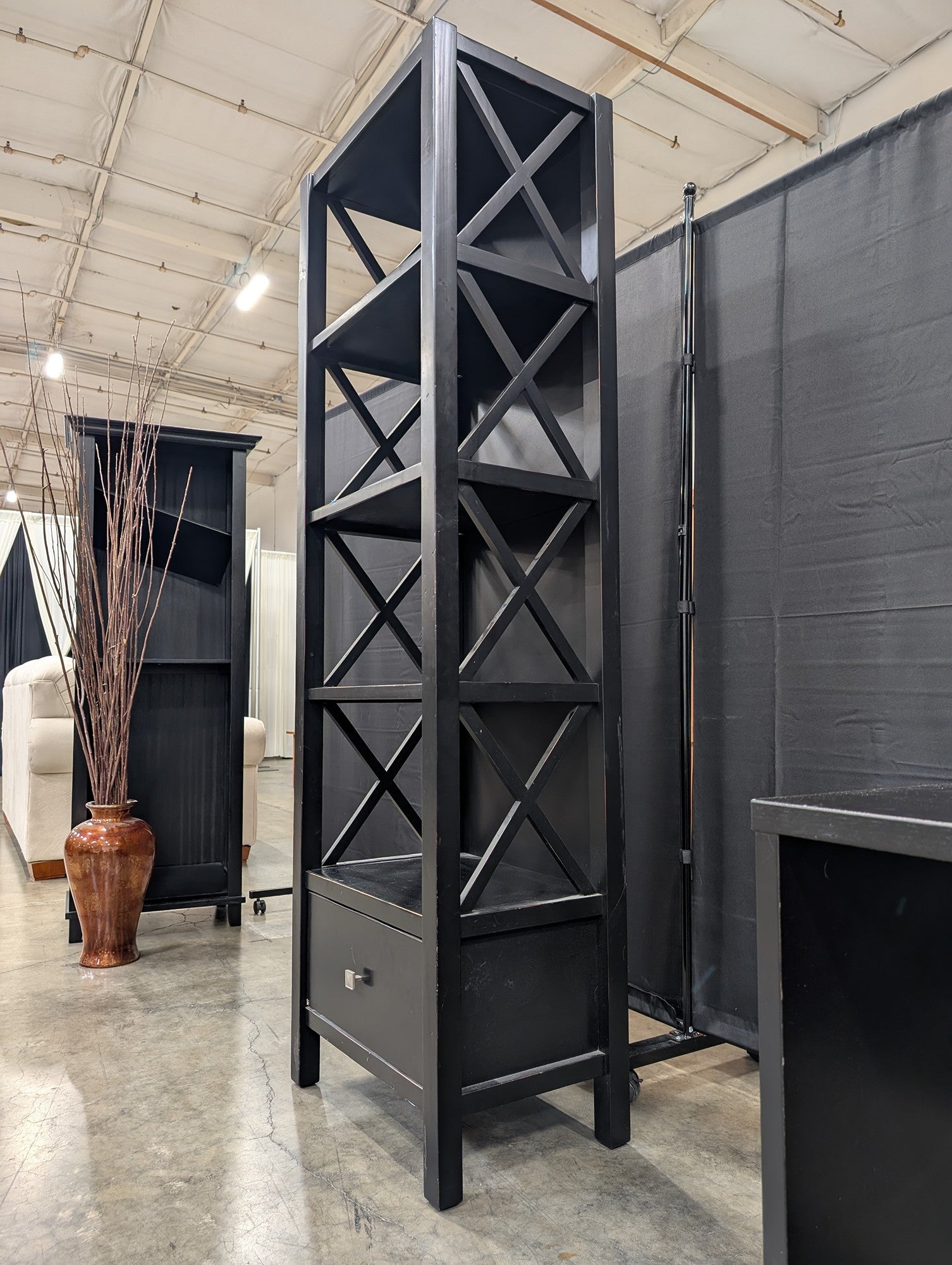 Black X-Design Five-Shelf Bookcase with Drawer