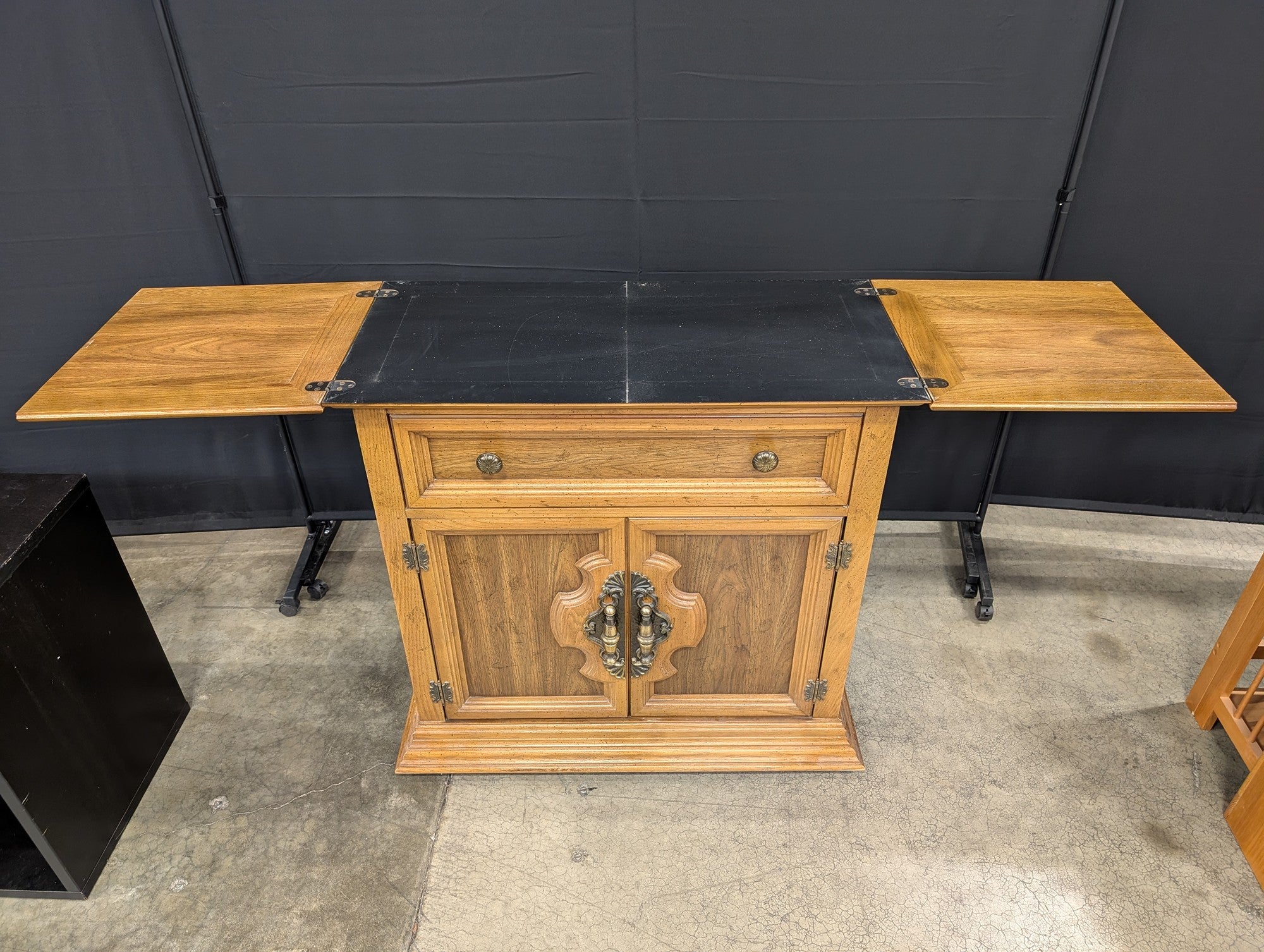 Light Brown Wood Service Bar with Hammered Metal Top