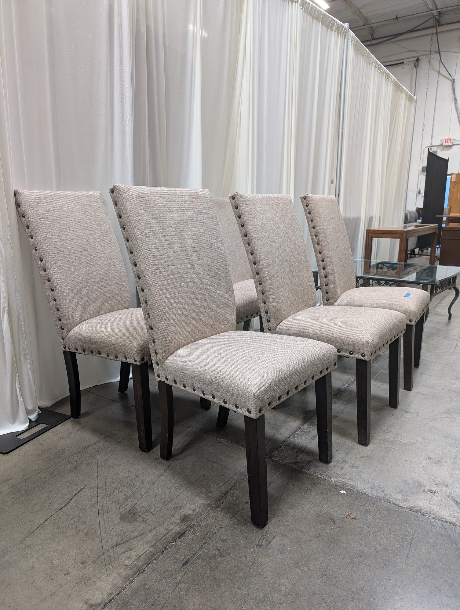 Set of Six Light Beige Upholstered Dining Chair with Nailhead Trim