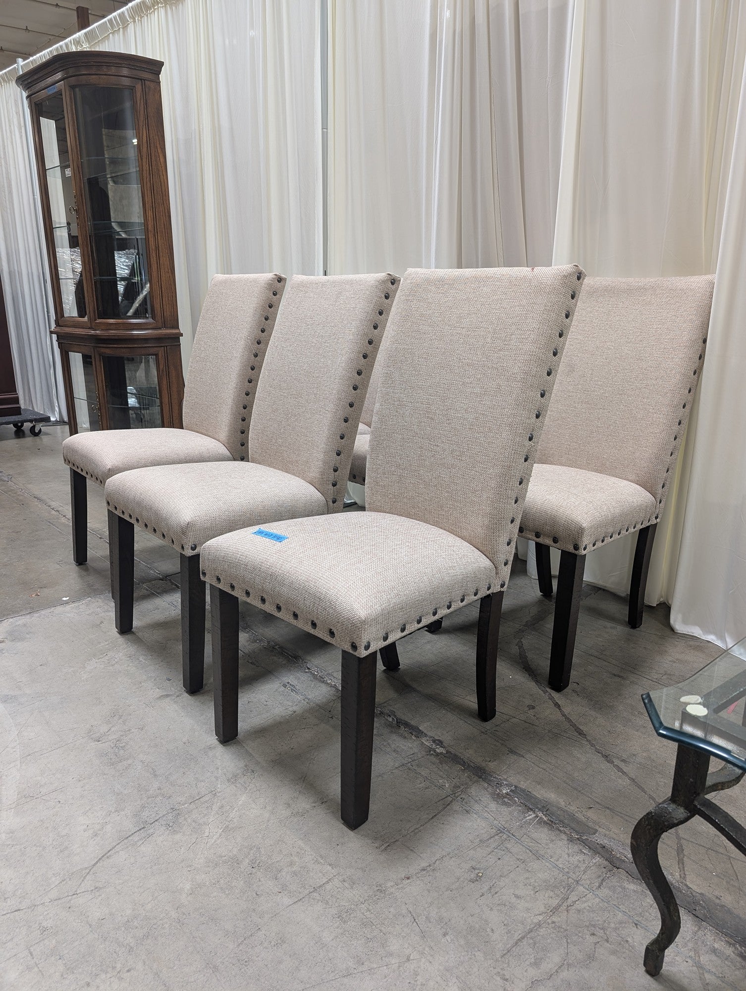 Set of Six Light Beige Upholstered Dining Chair with Nailhead Trim