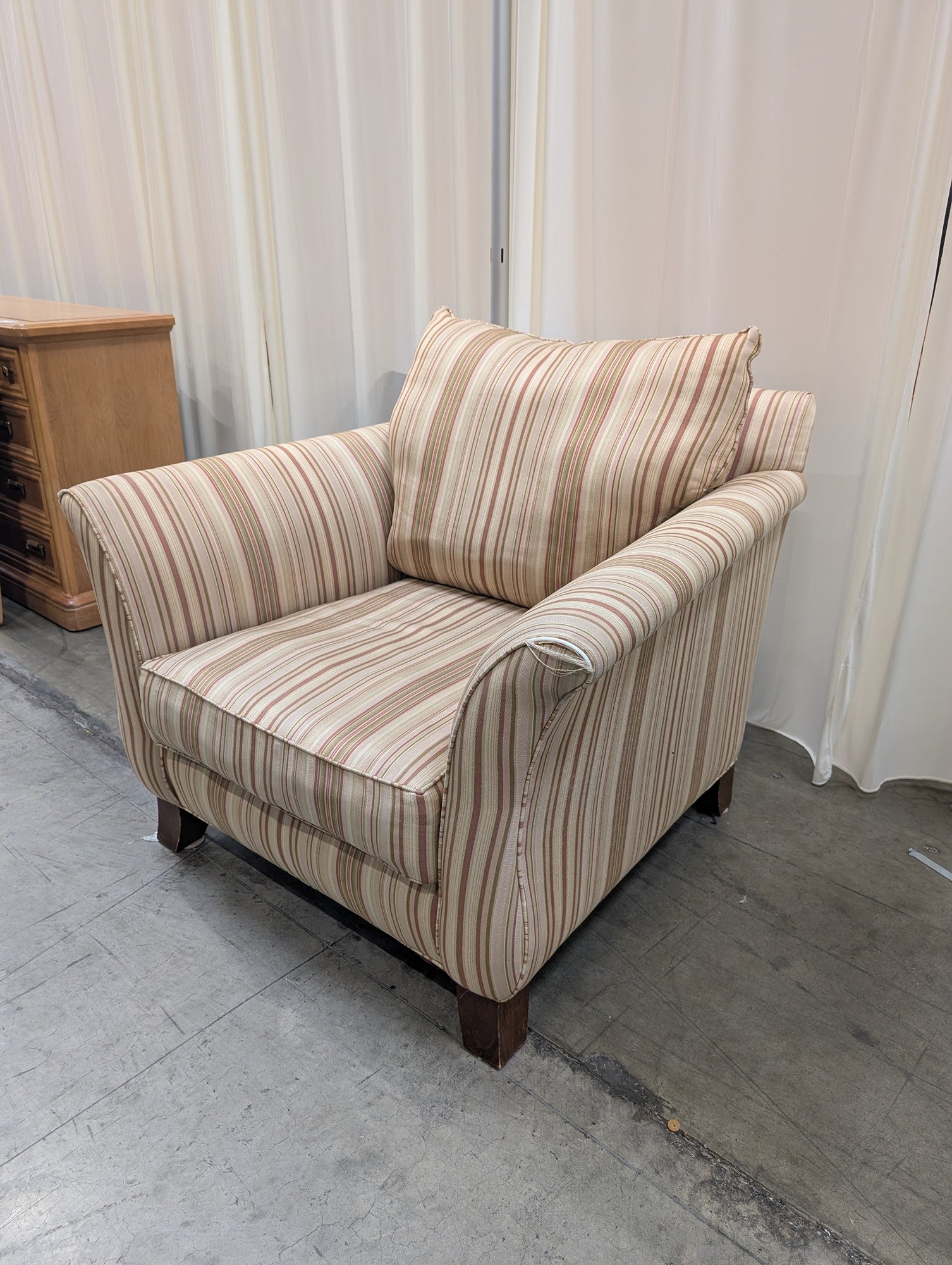Beige Striped Fabric Armchair with Rolled Arms