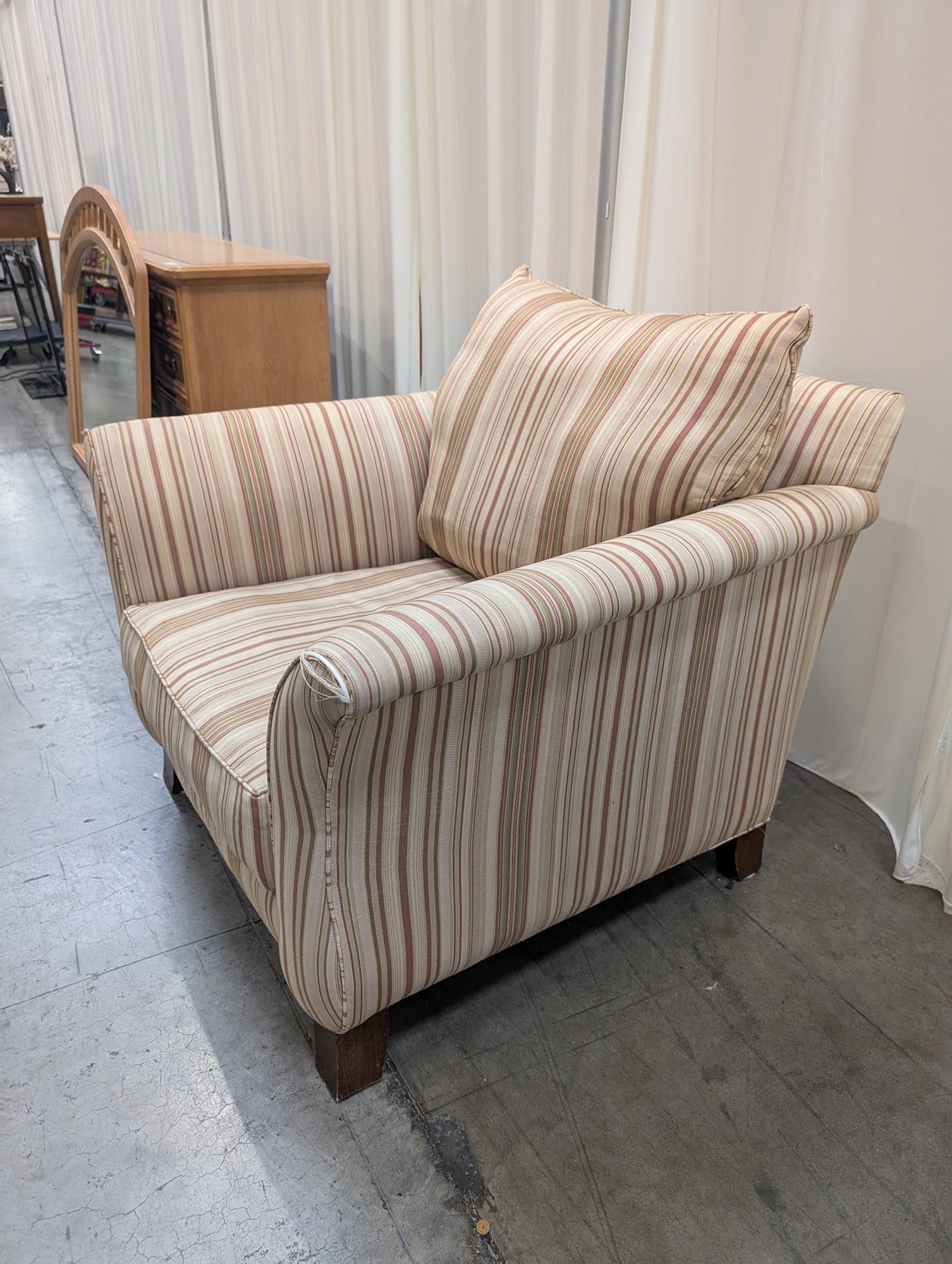 Beige Striped Fabric Armchair with Rolled Arms