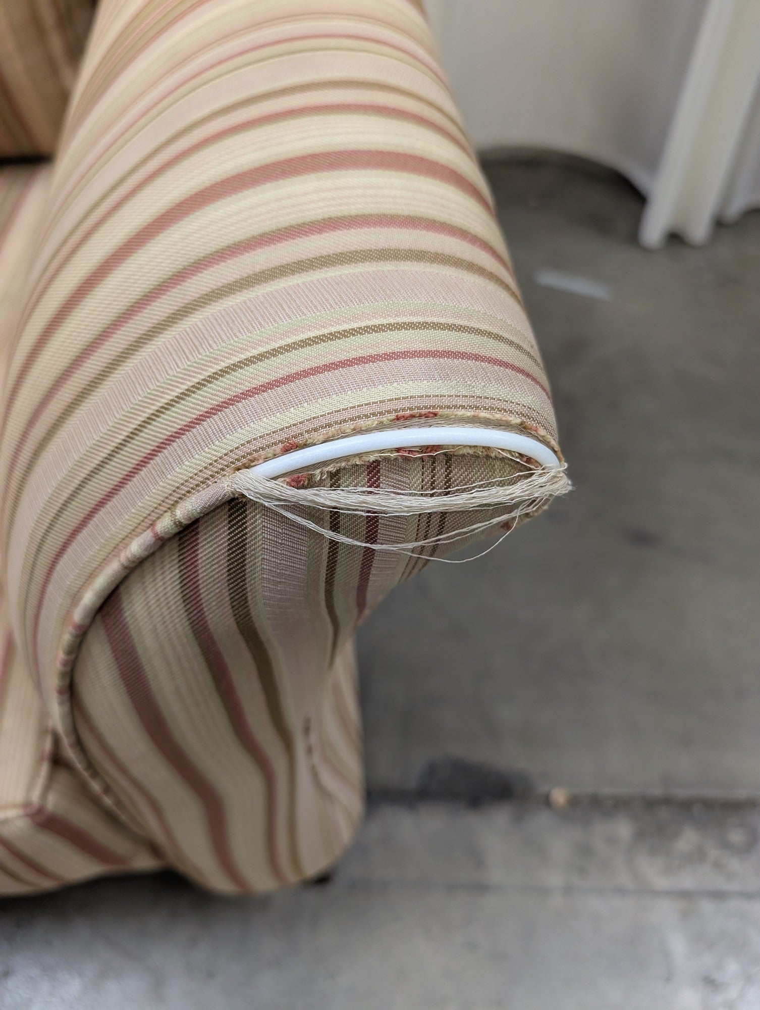 Beige Striped Fabric Armchair with Rolled Arms