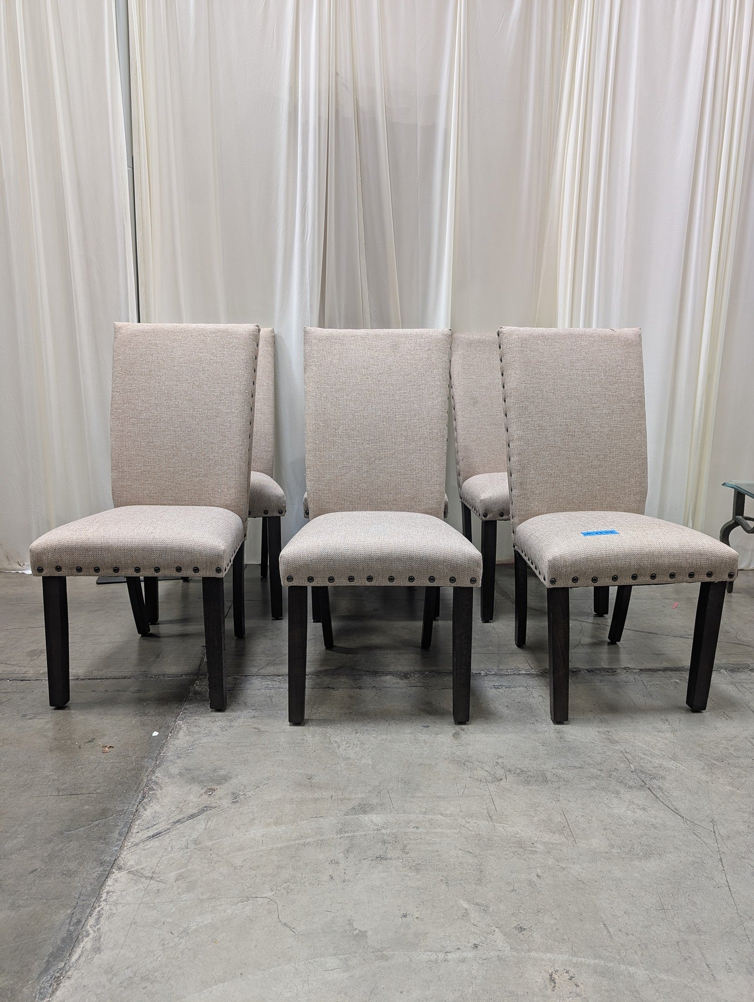 Set of Six Light Beige Upholstered Dining Chair with Nailhead Trim