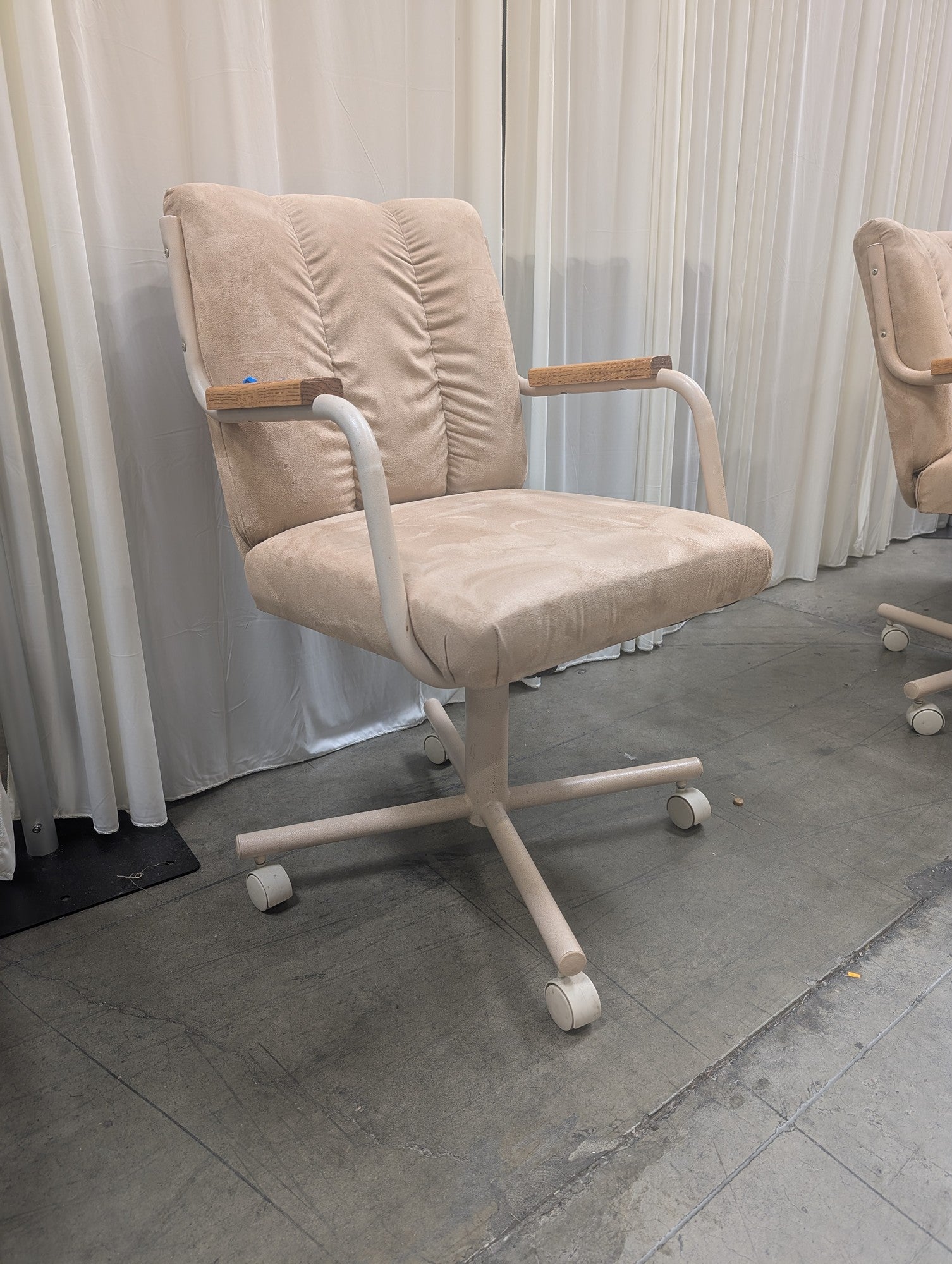 Beige Upholstered Retro Style Chair with Wood Armrests
