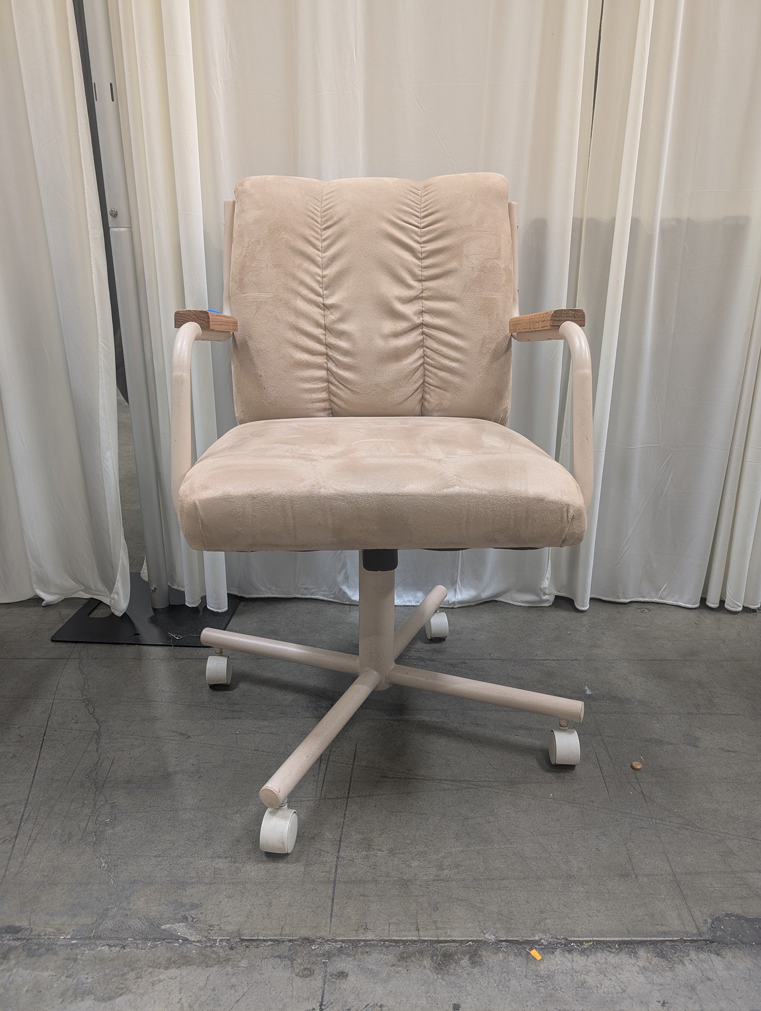 Beige Upholstered Retro Style Chair with Wood Armrests