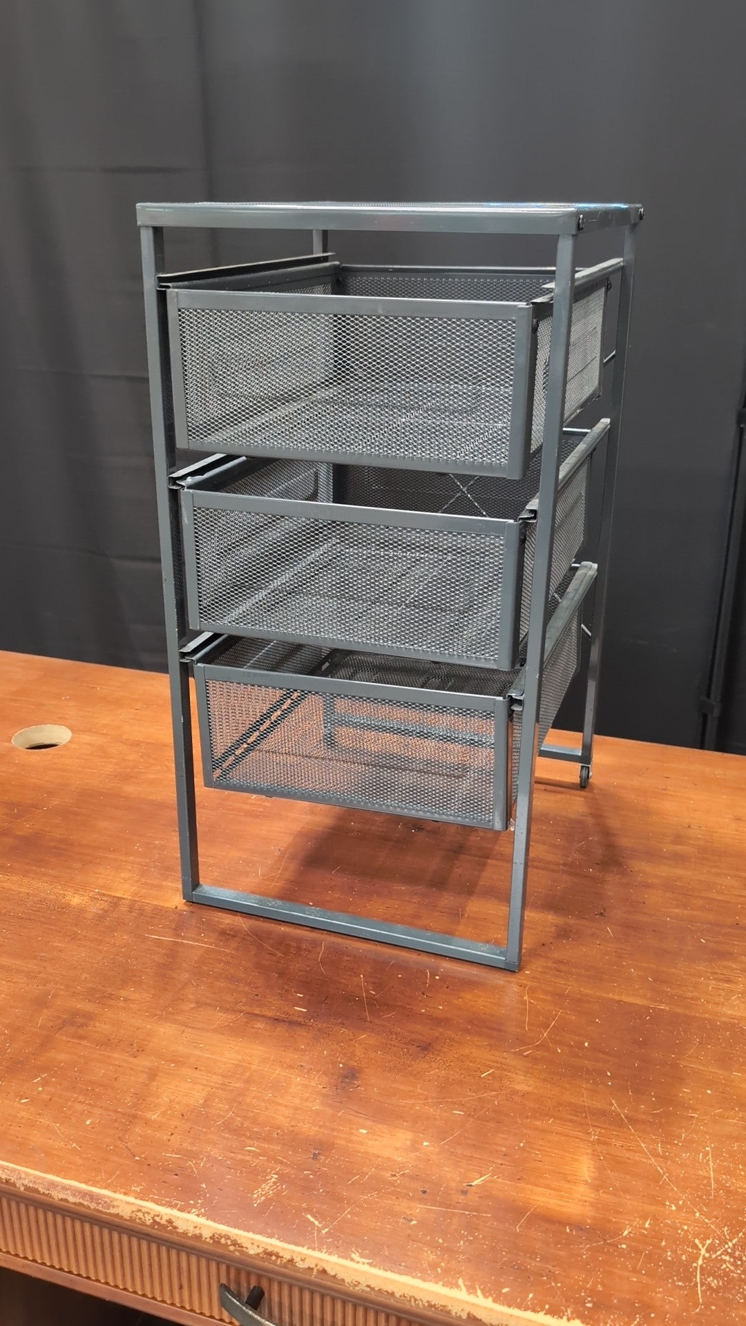 Gray Metal Three-Drawer Storage Cart with Casters
