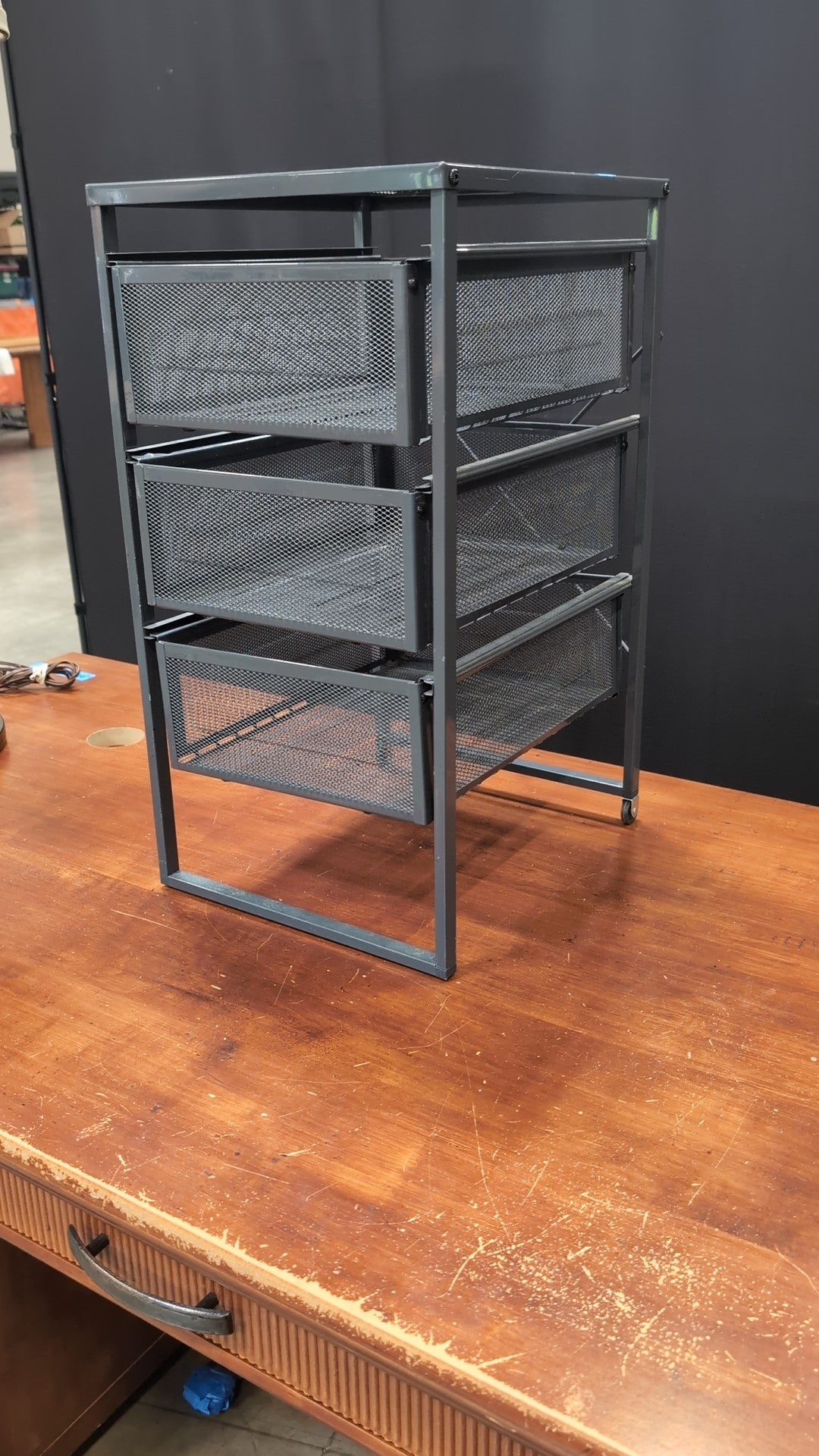 Gray Metal Three-Drawer Storage Cart with Casters