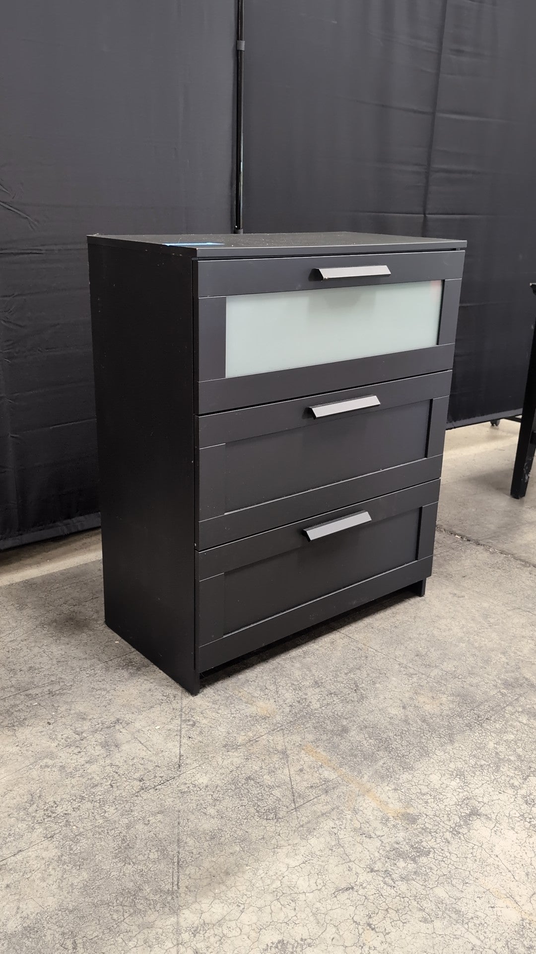 Dark Grey Three-Drawer Nightstand with Frosted Glass