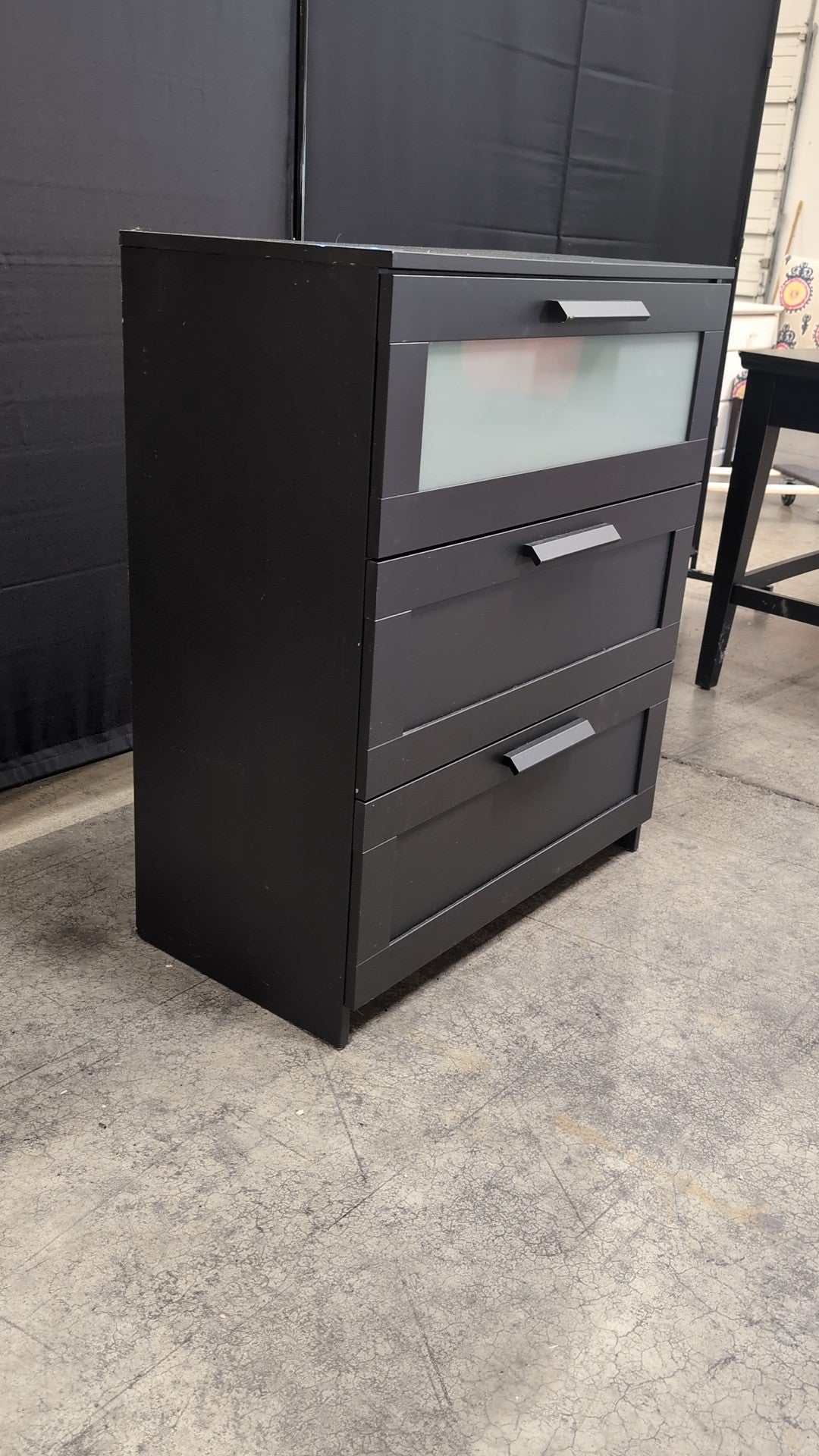Dark Grey Three-Drawer Nightstand with Frosted Glass