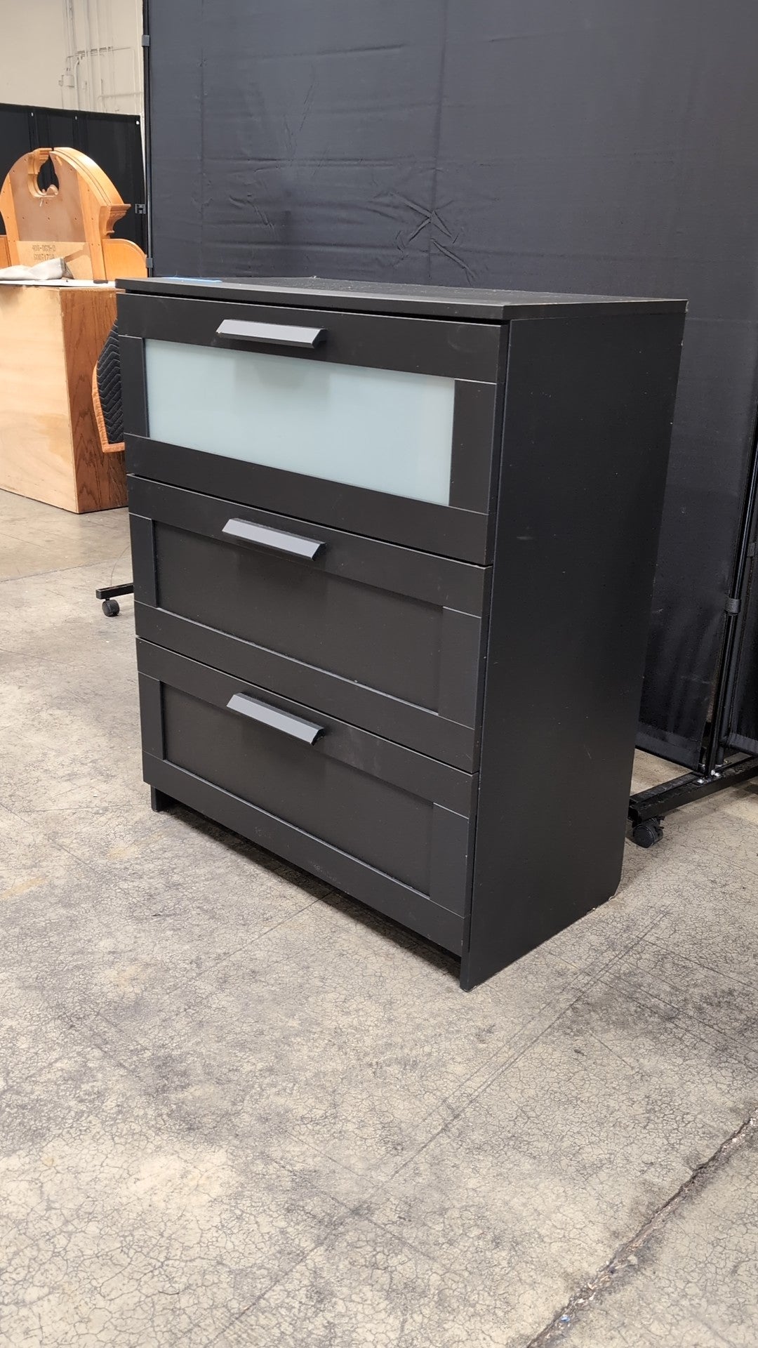 Dark Grey Three-Drawer Nightstand with Frosted Glass