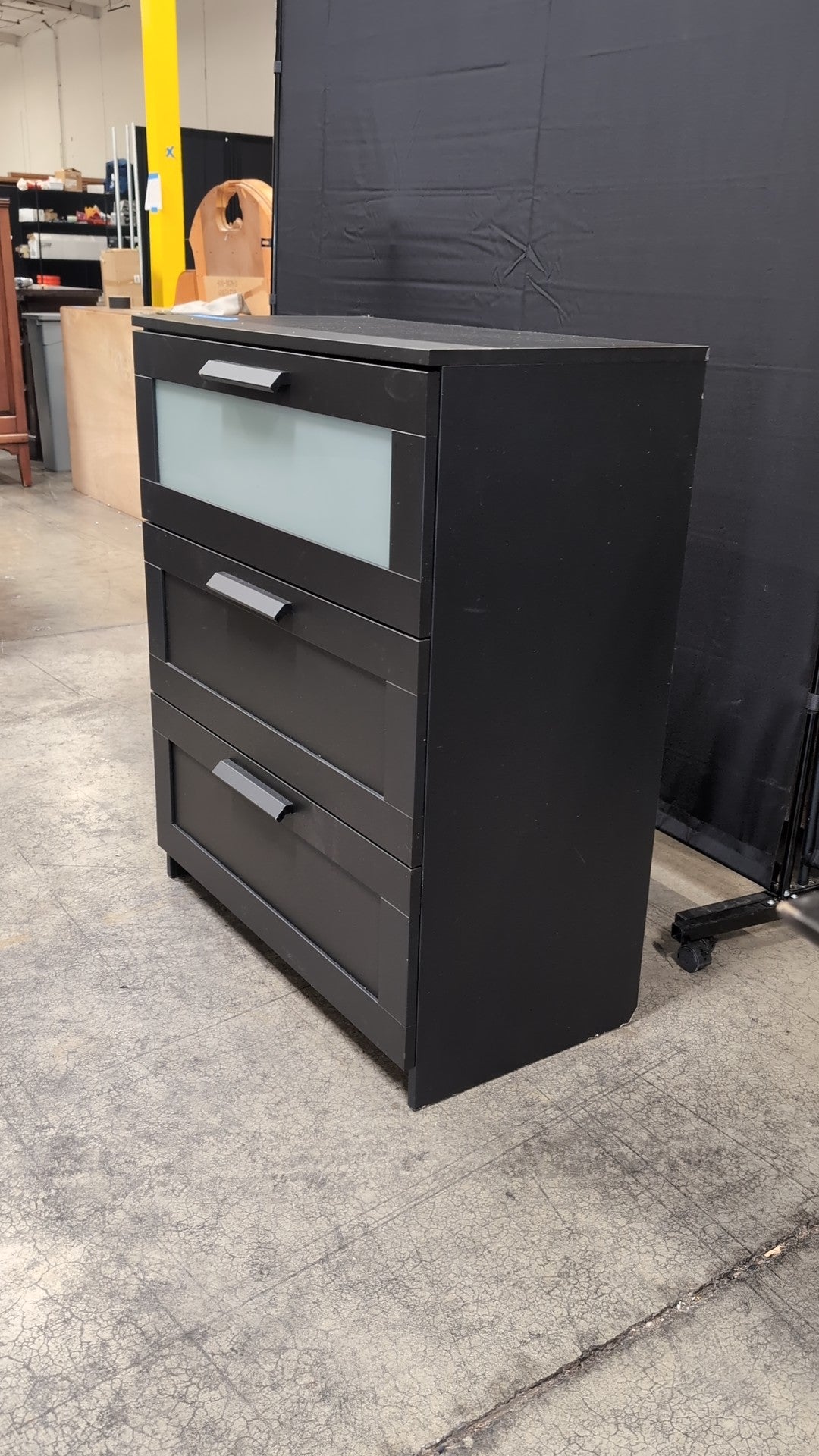 Dark Grey Three-Drawer Nightstand with Frosted Glass