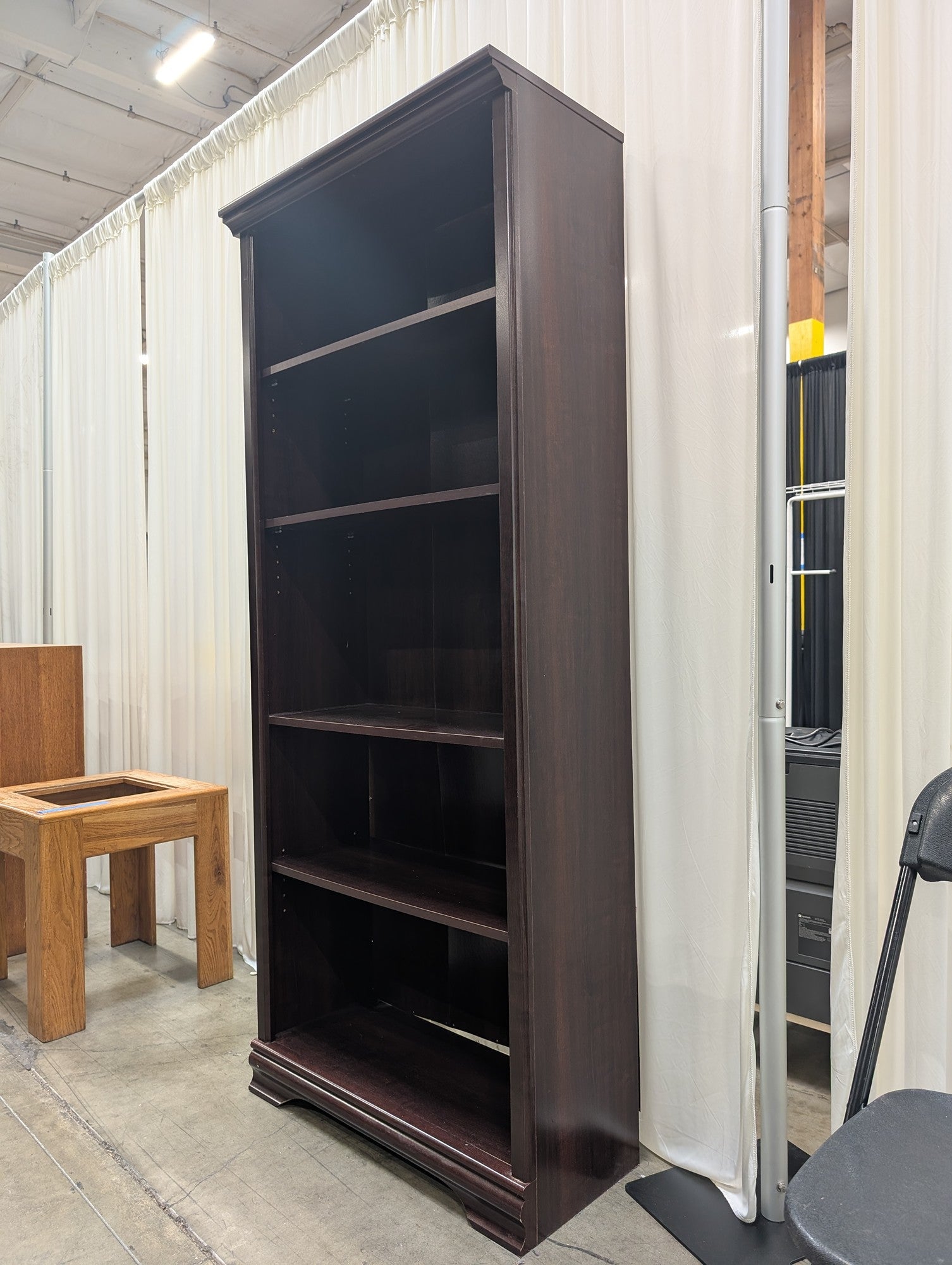 Dark Wood Five-Shelf Bookcase with Crown Molding