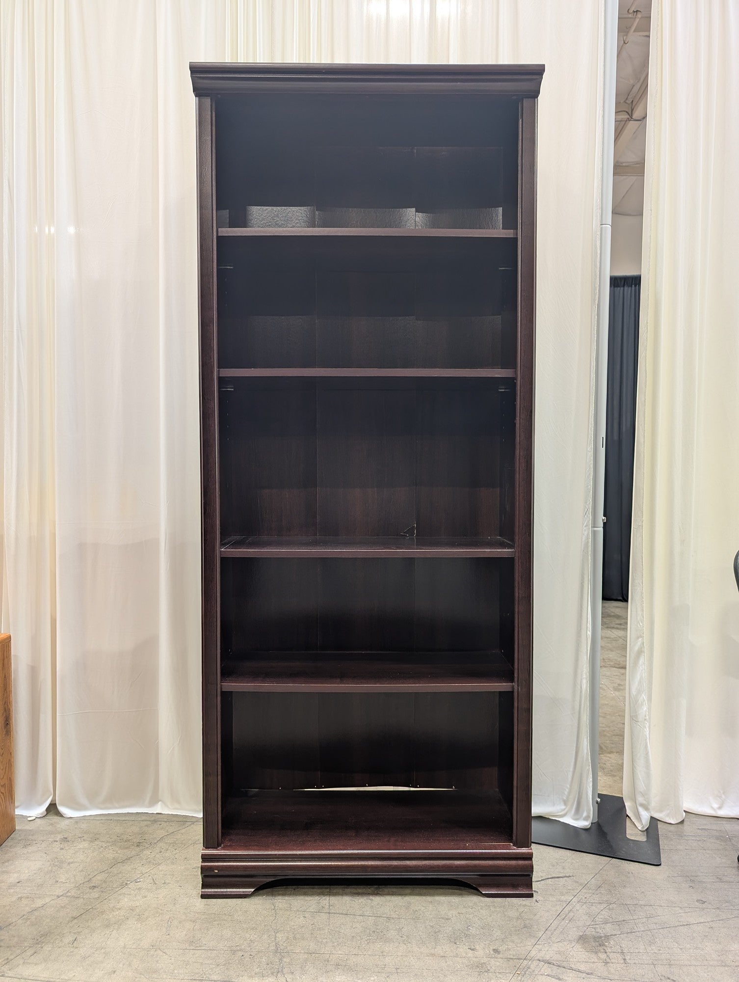Dark Wood Five-Shelf Bookcase with Crown Molding