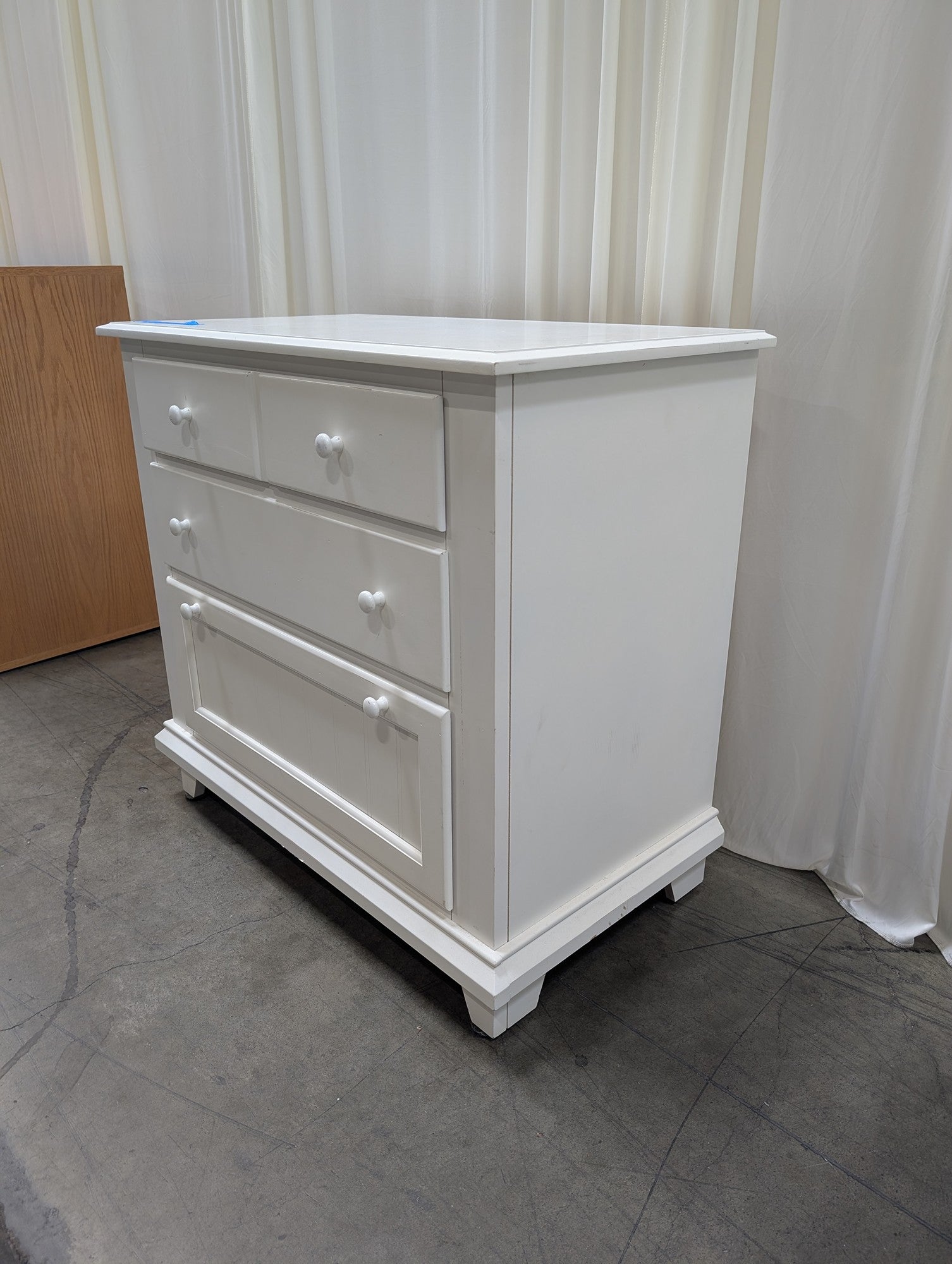 White Three-Drawer Nightstand Dresser with Beadboard Panel
