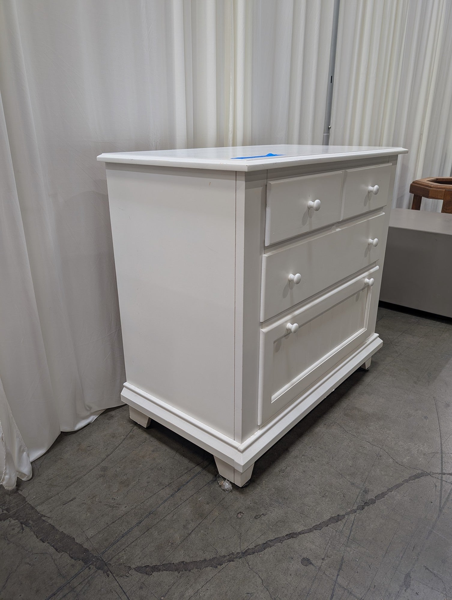 White Three-Drawer Nightstand Dresser with Beadboard Panel