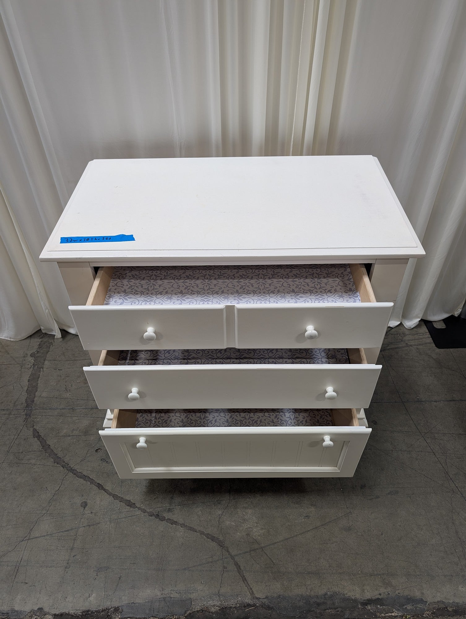 White Three-Drawer Nightstand Dresser with Beadboard Panel