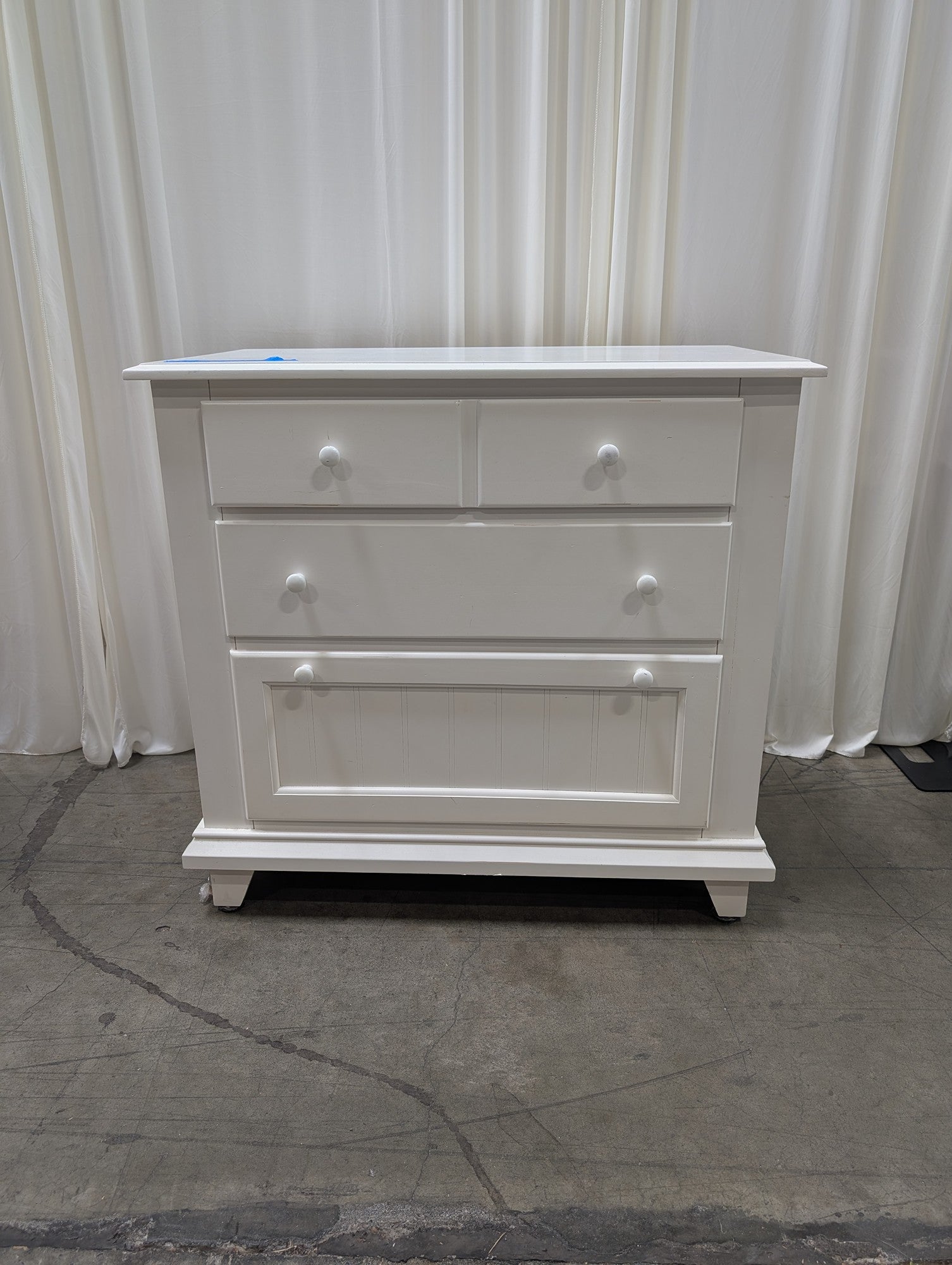 White Three-Drawer Nightstand Dresser with Beadboard Panel