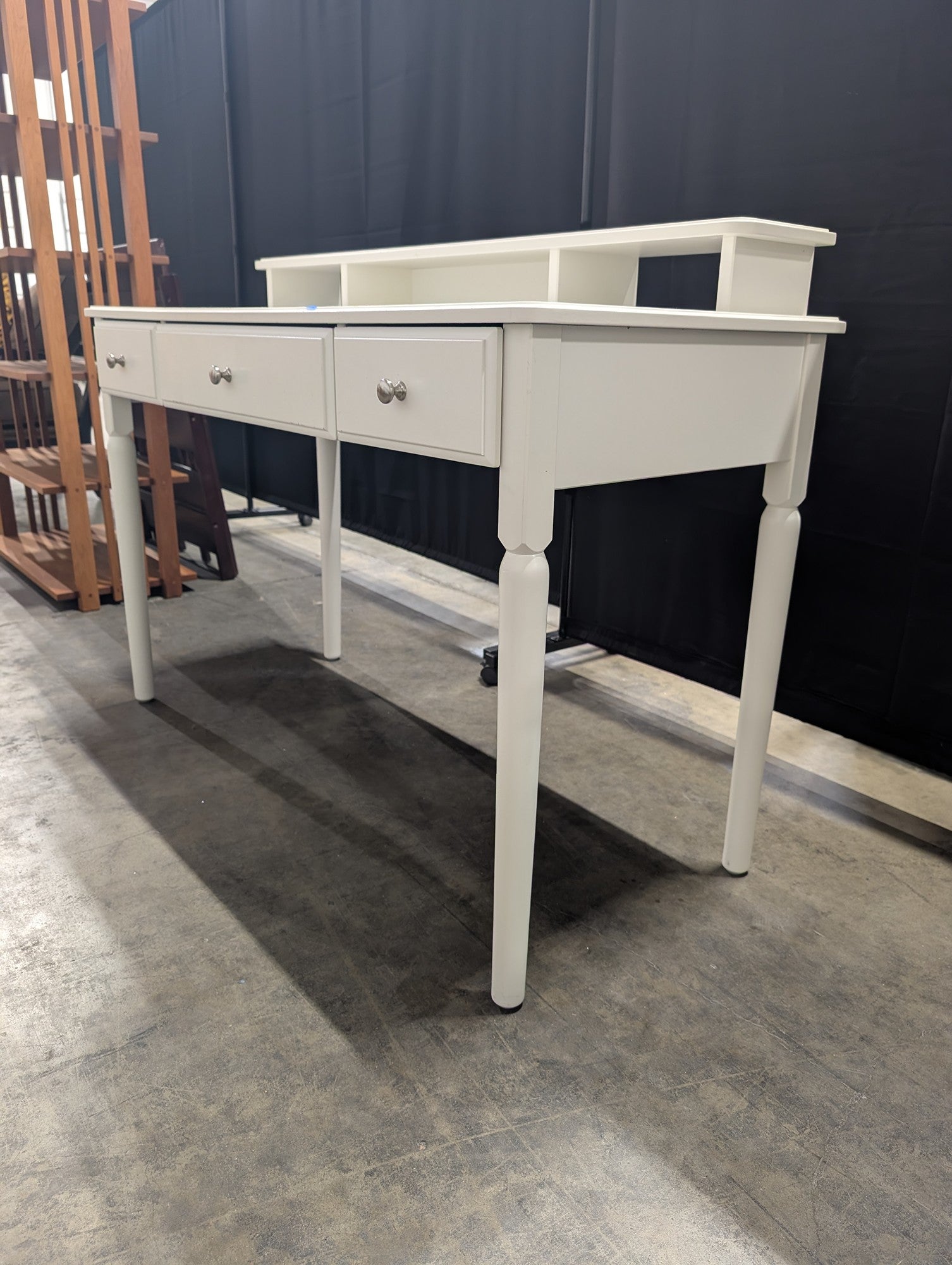 White Three-Drawer Desk with Storage Riser