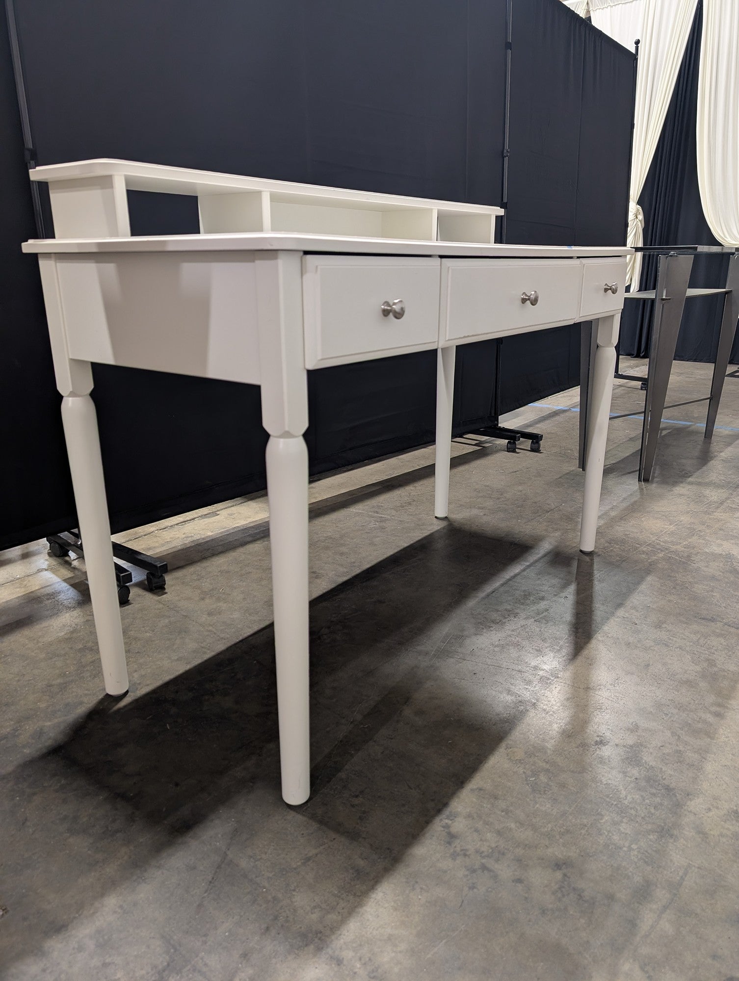 White Three-Drawer Desk with Storage Riser