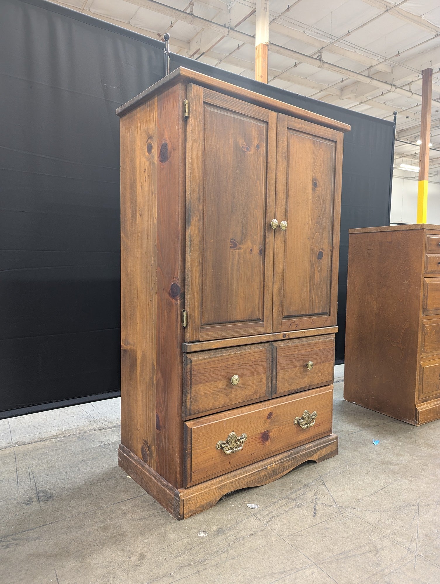 Rustic Pine Armoire Cabinet with Storage Drawers