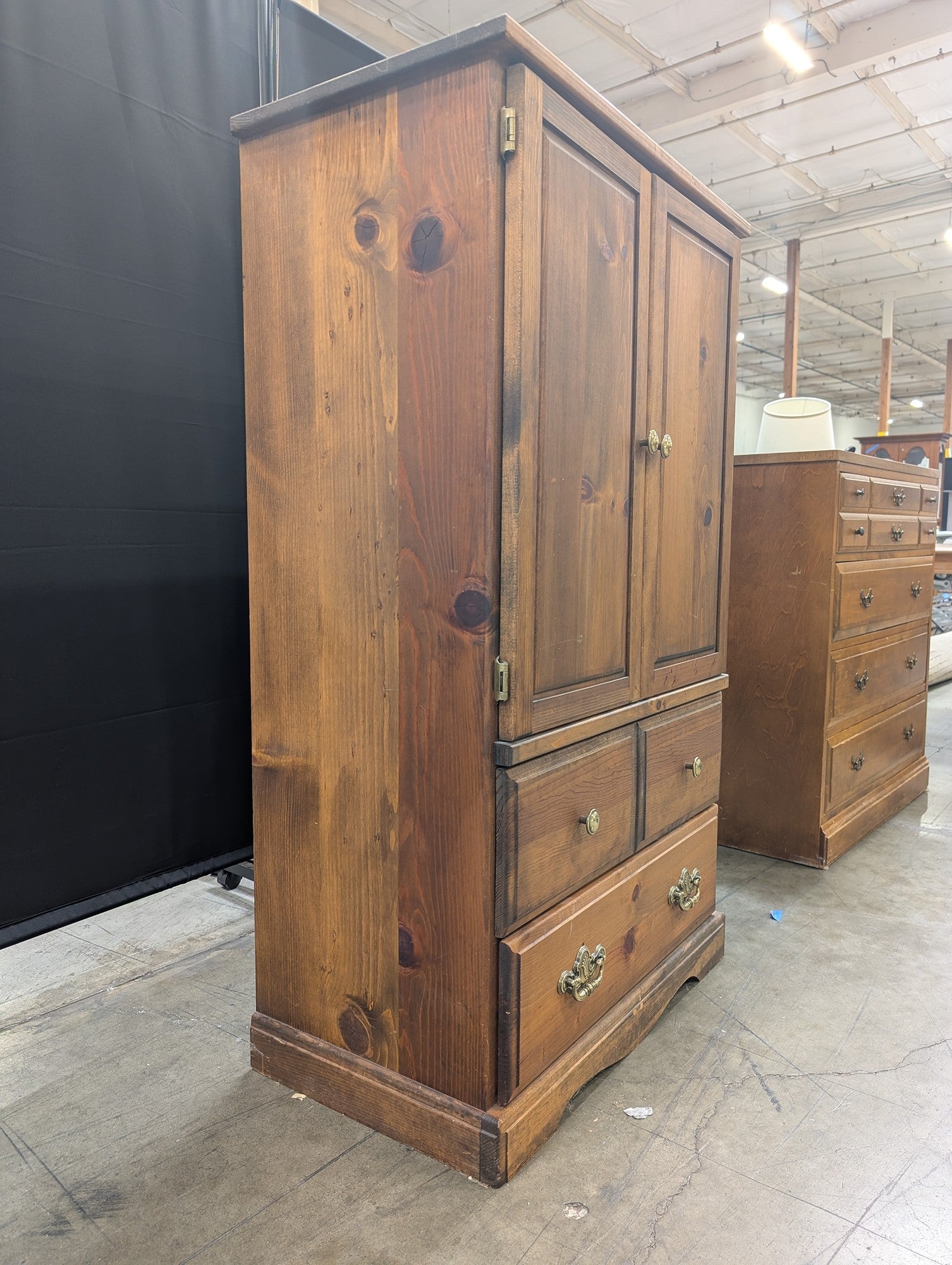 Rustic Pine Armoire Cabinet with Storage Drawers