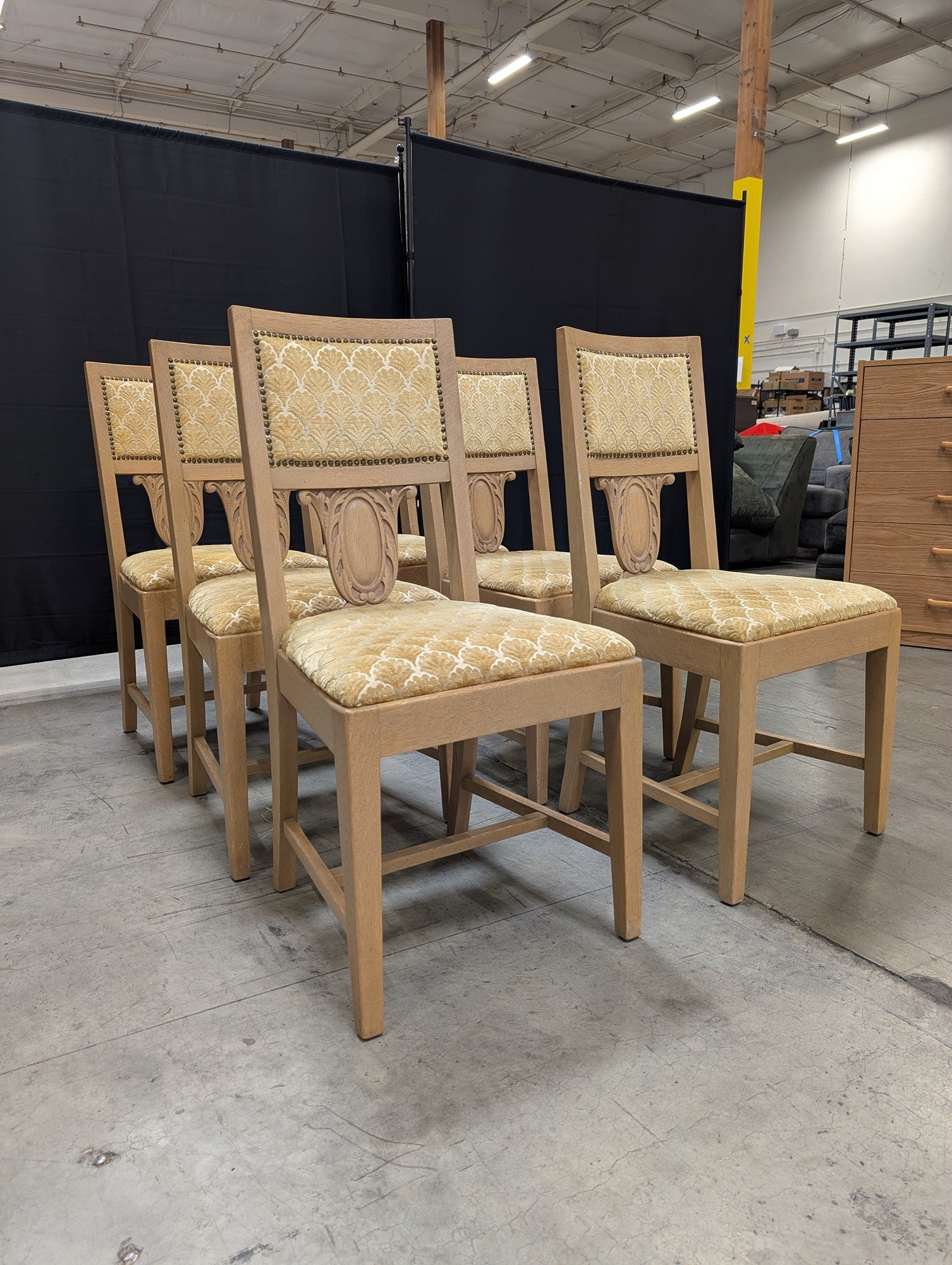 Set of Six Light Oak Dining Chairs with Gold Patterned Upholstery