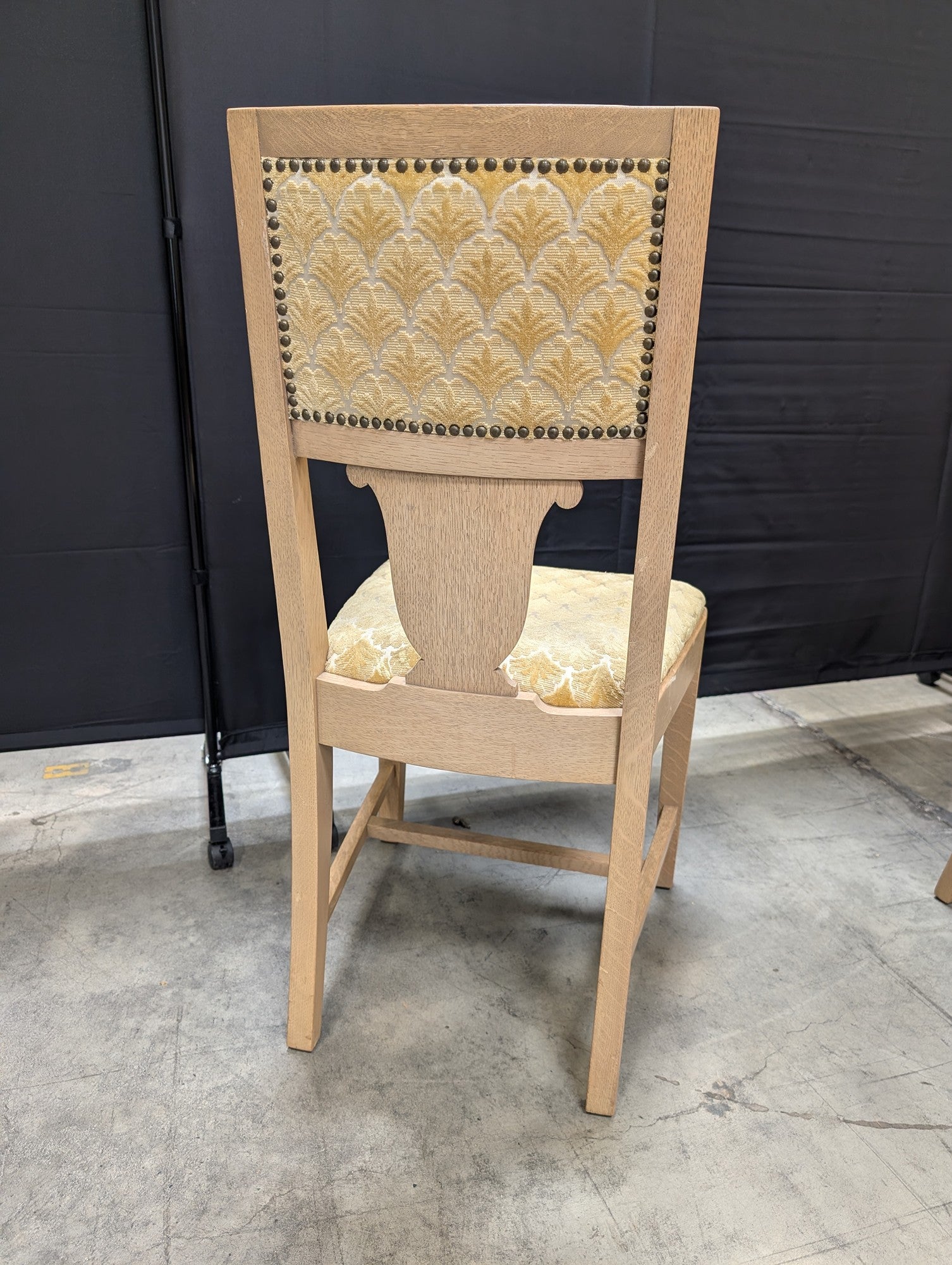 Set of Six Light Oak Dining Chairs with Gold Patterned Upholstery