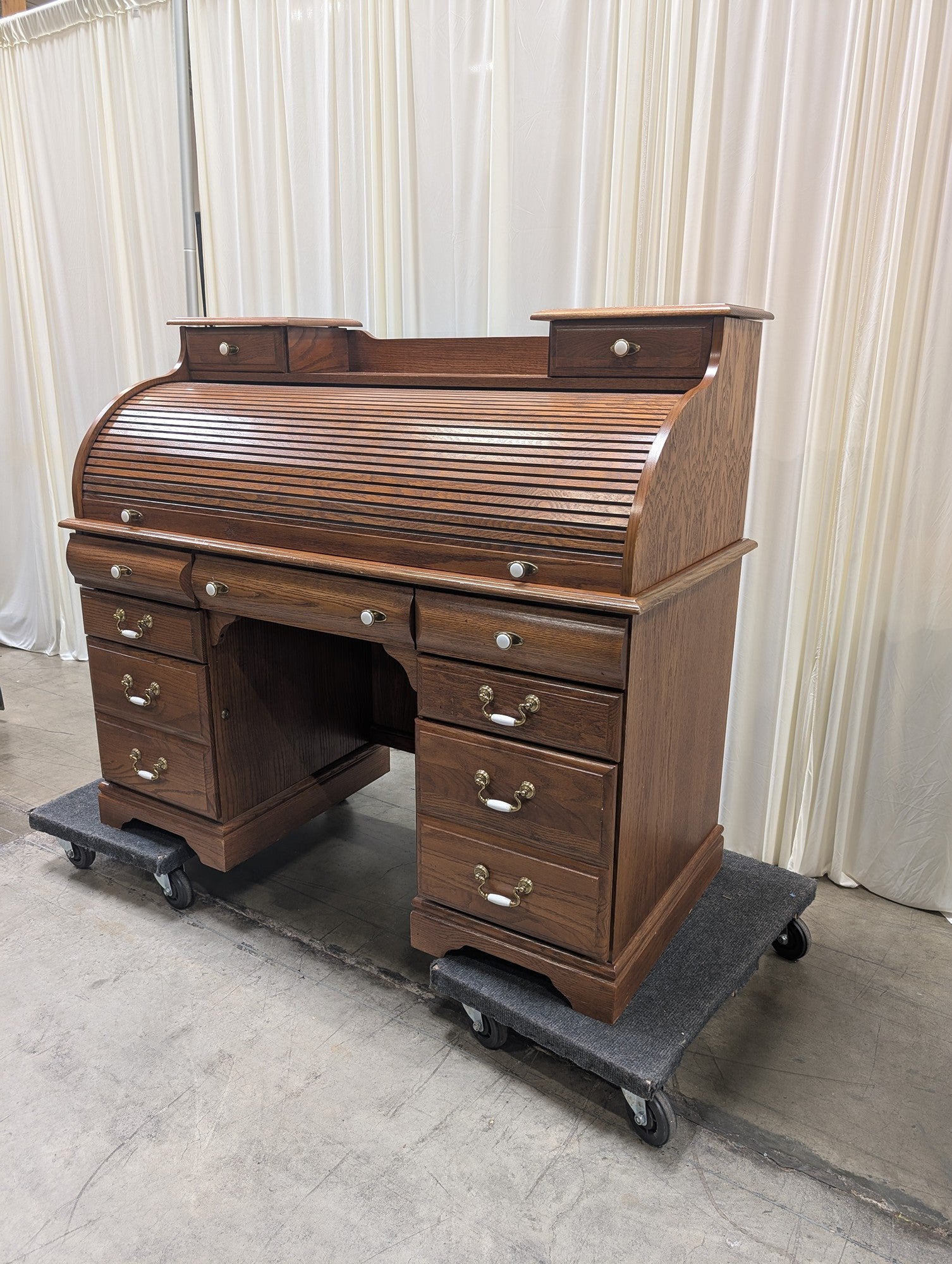 Oak-Tone Wood Roll-Top Desk with Ornate Hardware