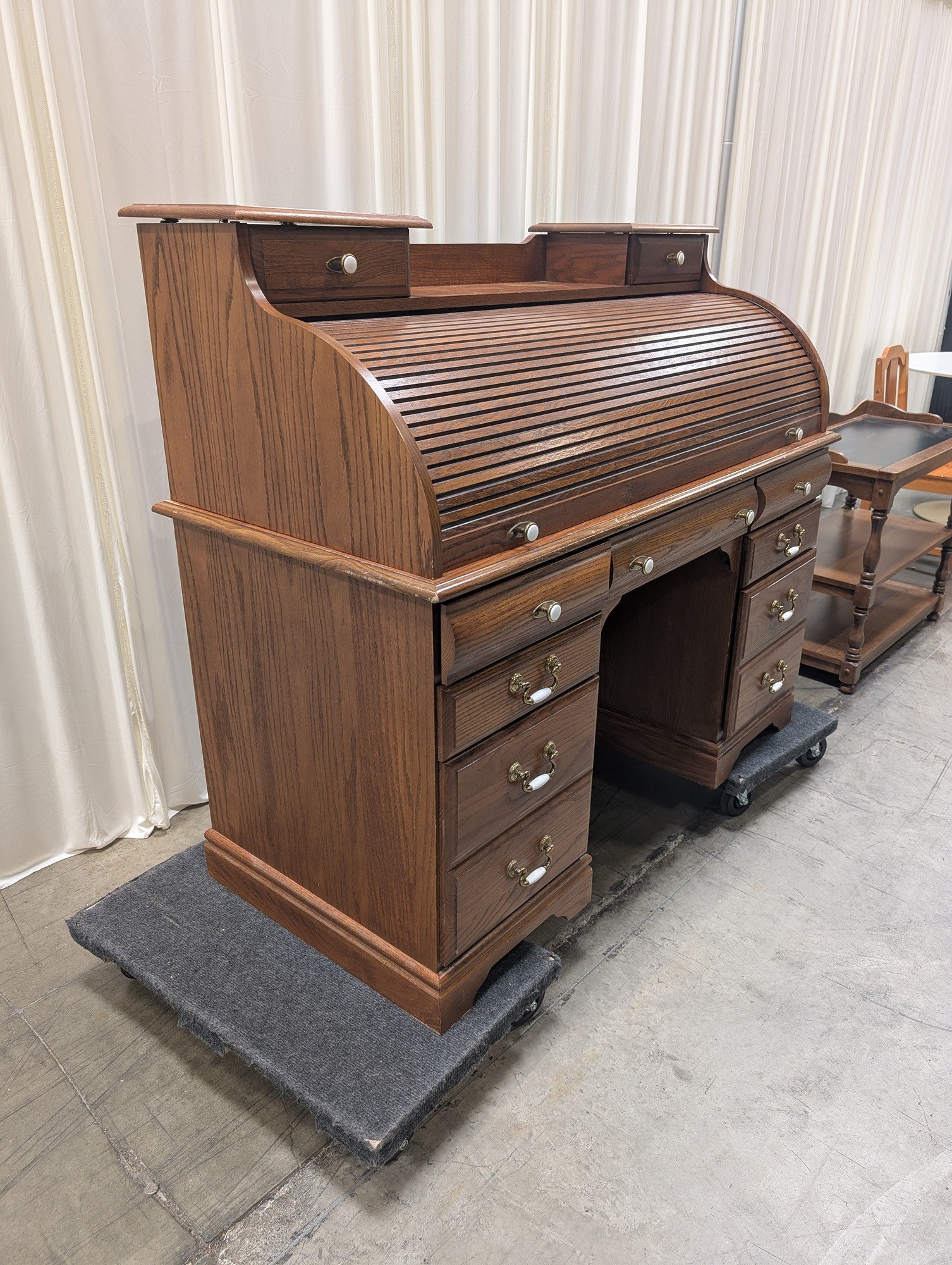 Oak-Tone Wood Roll-Top Desk with Ornate Hardware