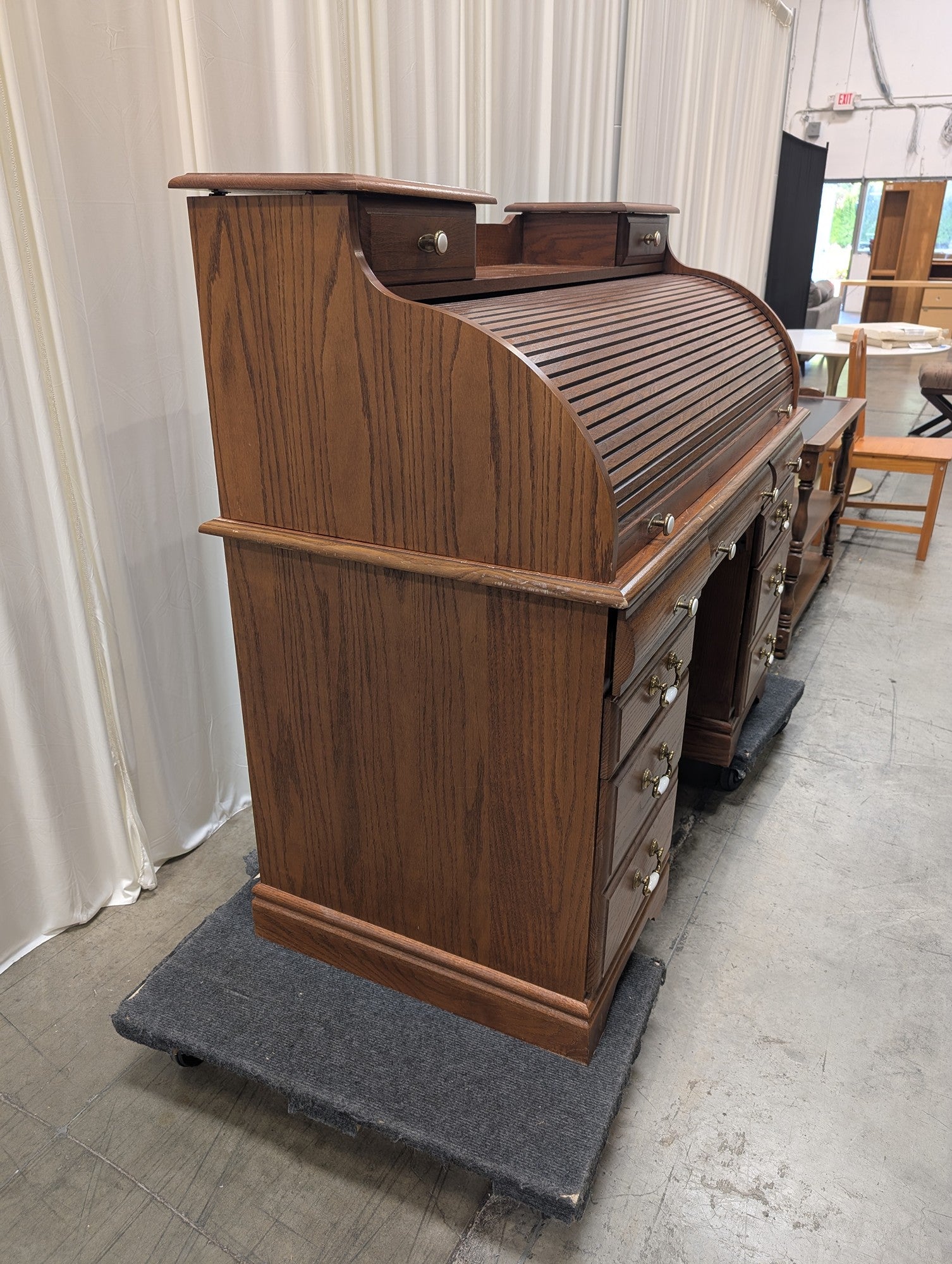 Oak-Tone Wood Roll-Top Desk with Ornate Hardware