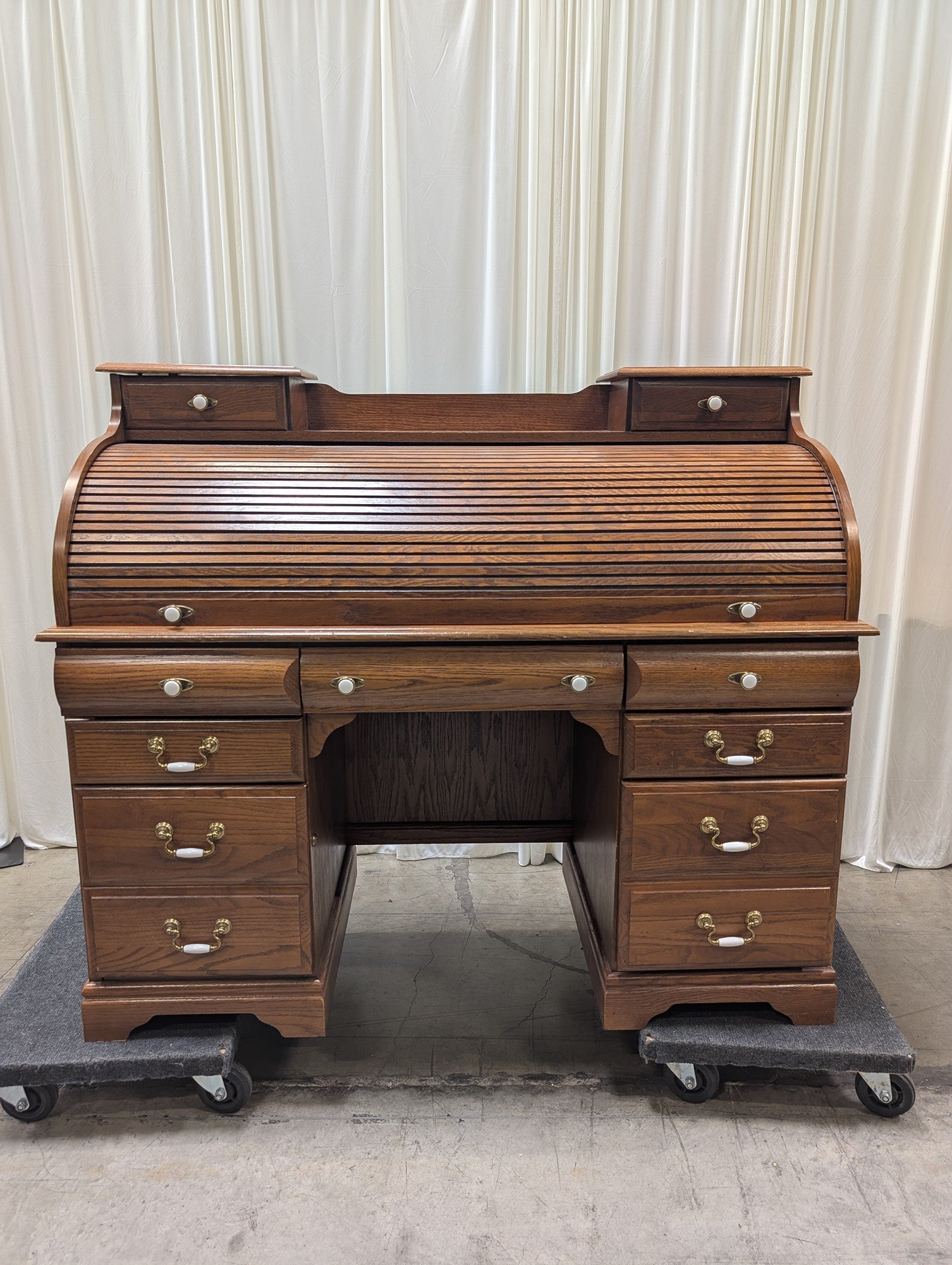 Oak-Tone Wood Roll-Top Desk with Ornate Hardware