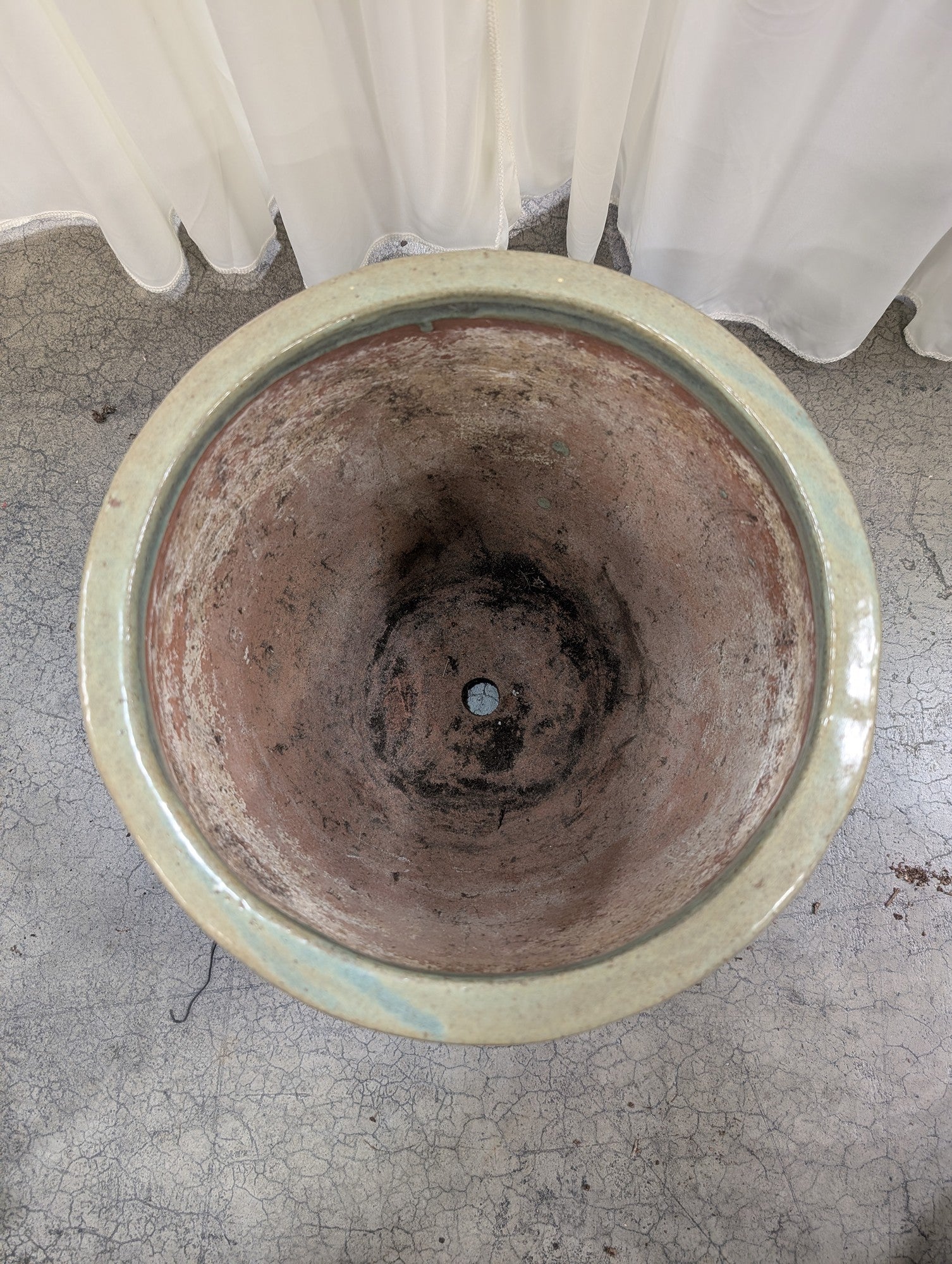 Grey-Green Ceramic Planter with Embossed Scroll Design