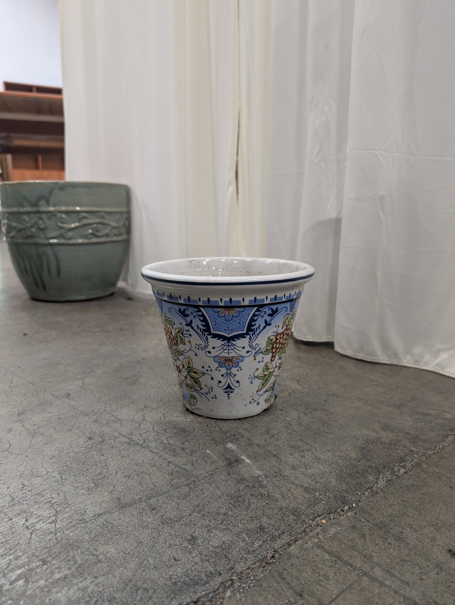White Ceramic Flowerpot with Floral and Fruit Pattern