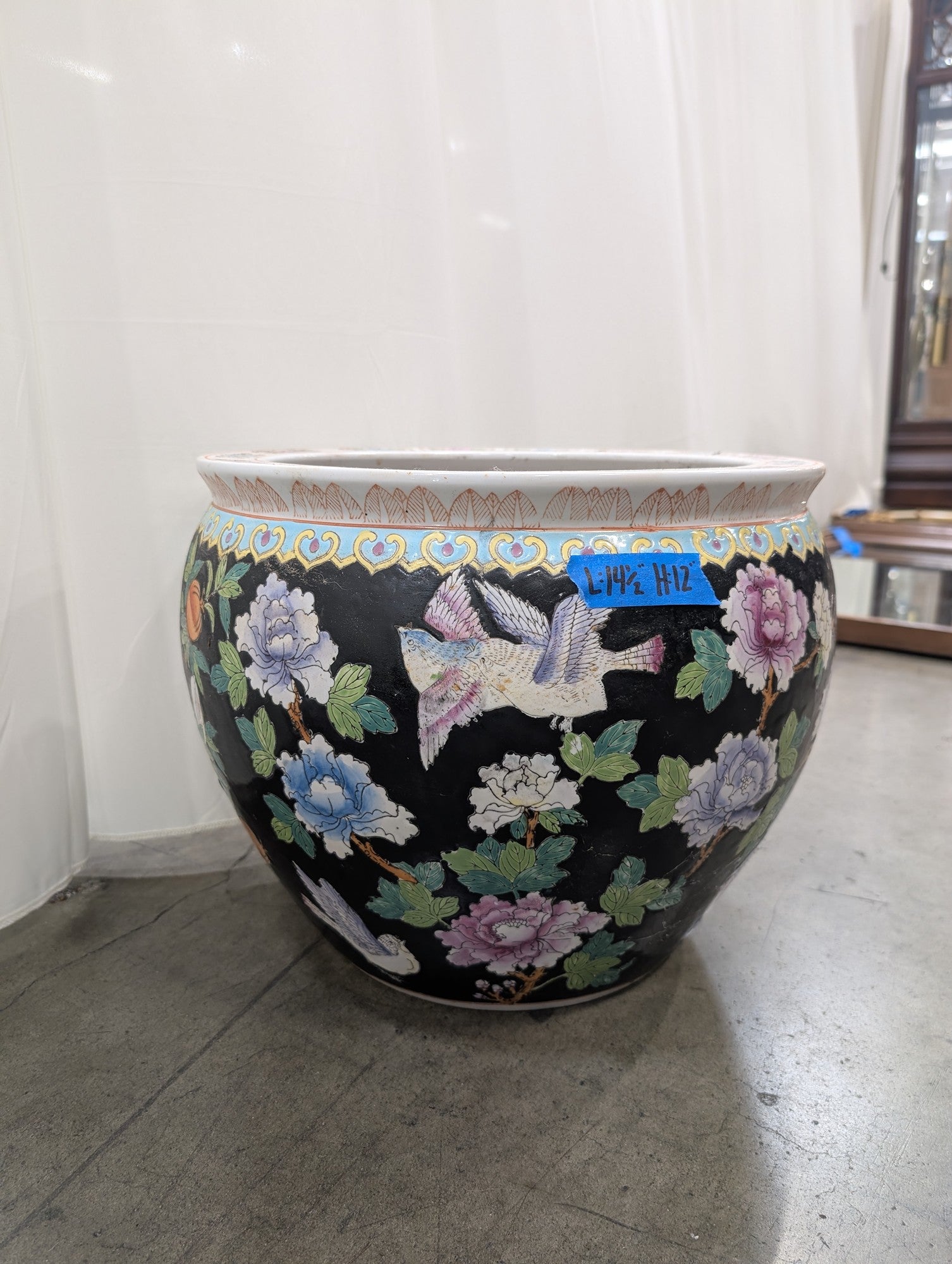Chinoiserie Black Ceramic Planter with Floral and Bird Motifs