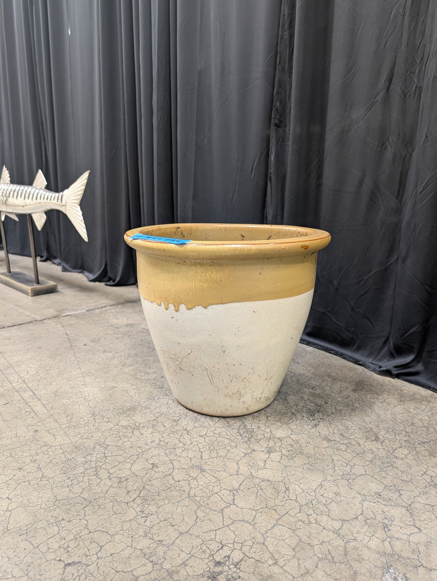 Two-Tone Tan and White Stoneware Planter with Glazed Finish
