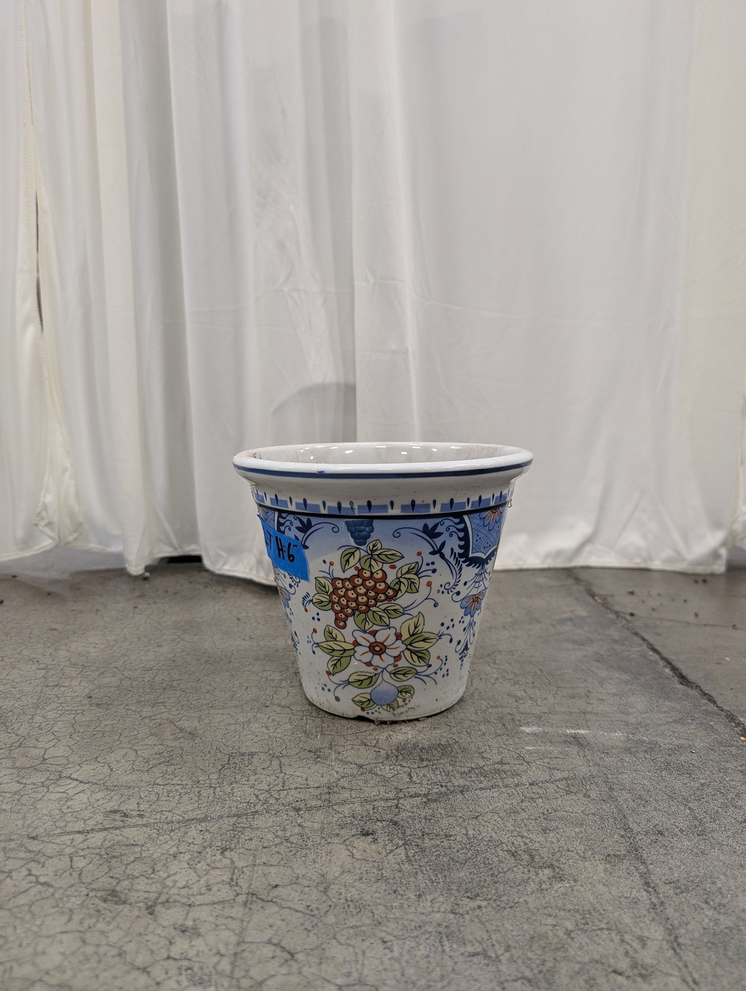 White Ceramic Flowerpot with Floral and Fruit Pattern