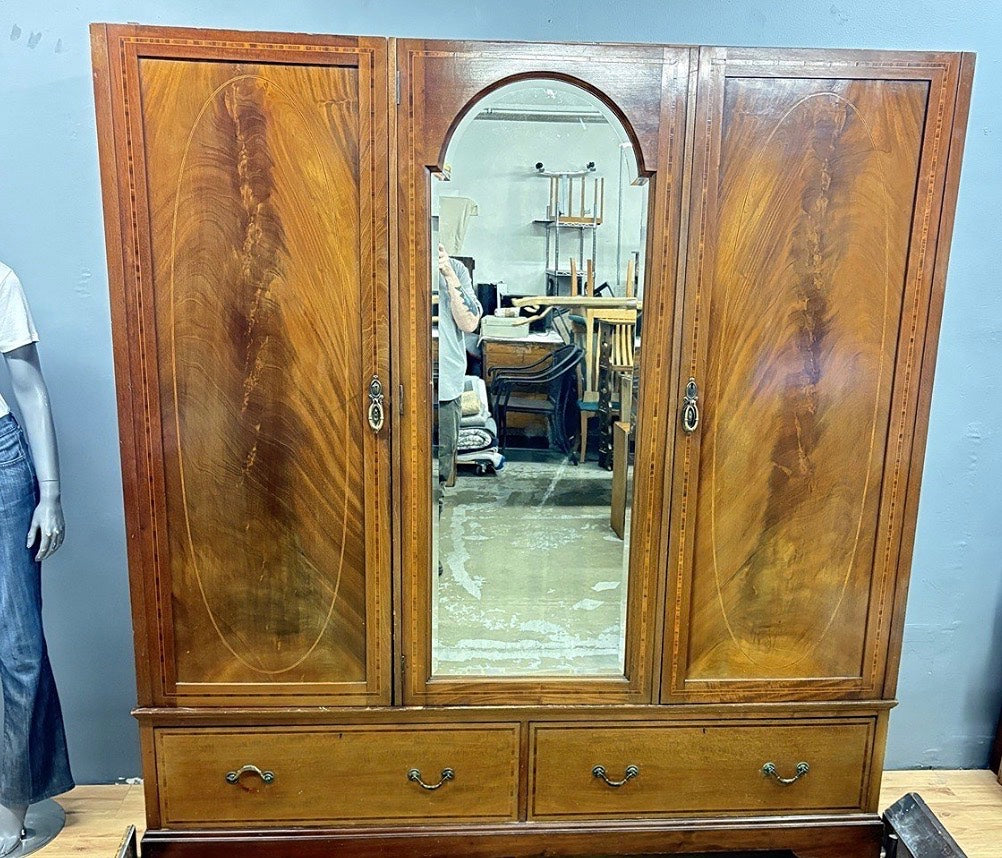 Vintage Three-Door Mirrored Wardrobe with Inlay Details