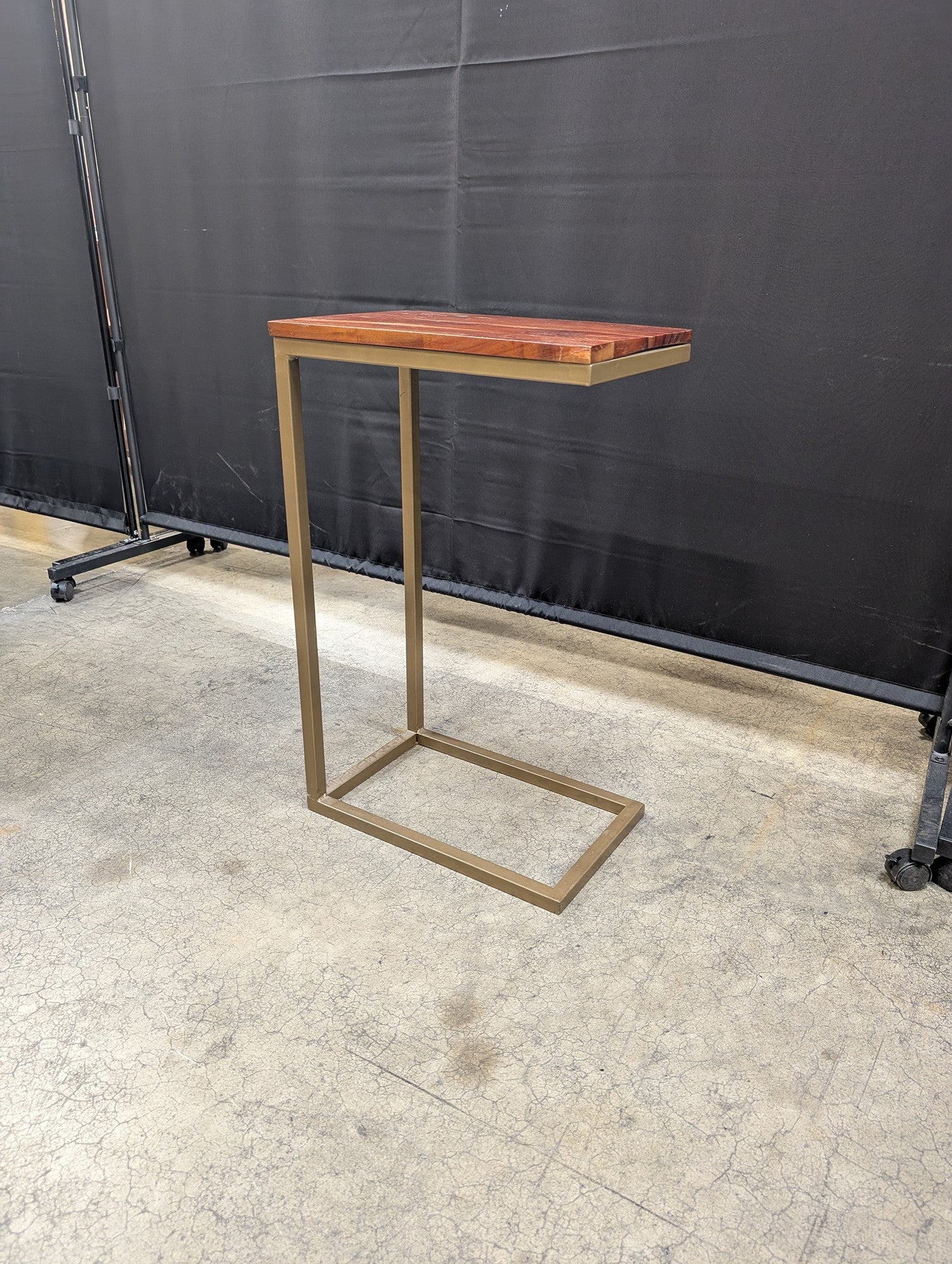 Modern Industrial C-Shape Side Table with Wood Top and Metal Frame