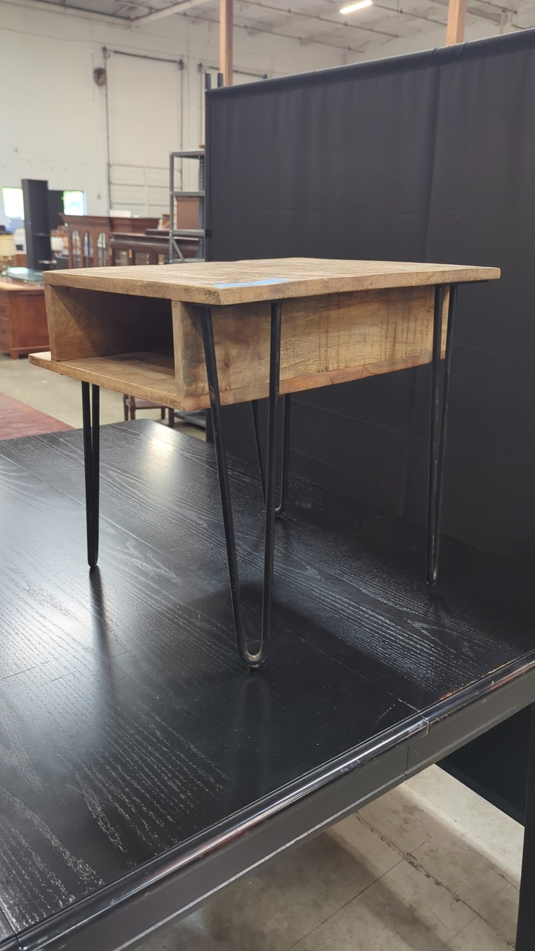 Rustic Wood End Table with Black Hairpin Legs