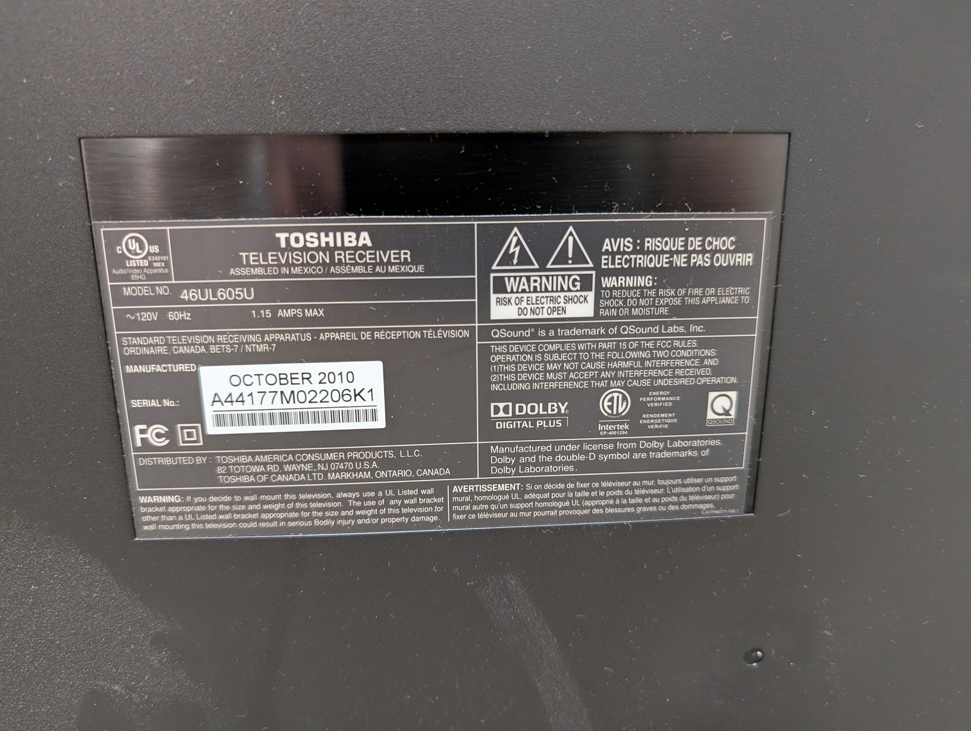 Toshiba Black Flat Screen Television with Stand