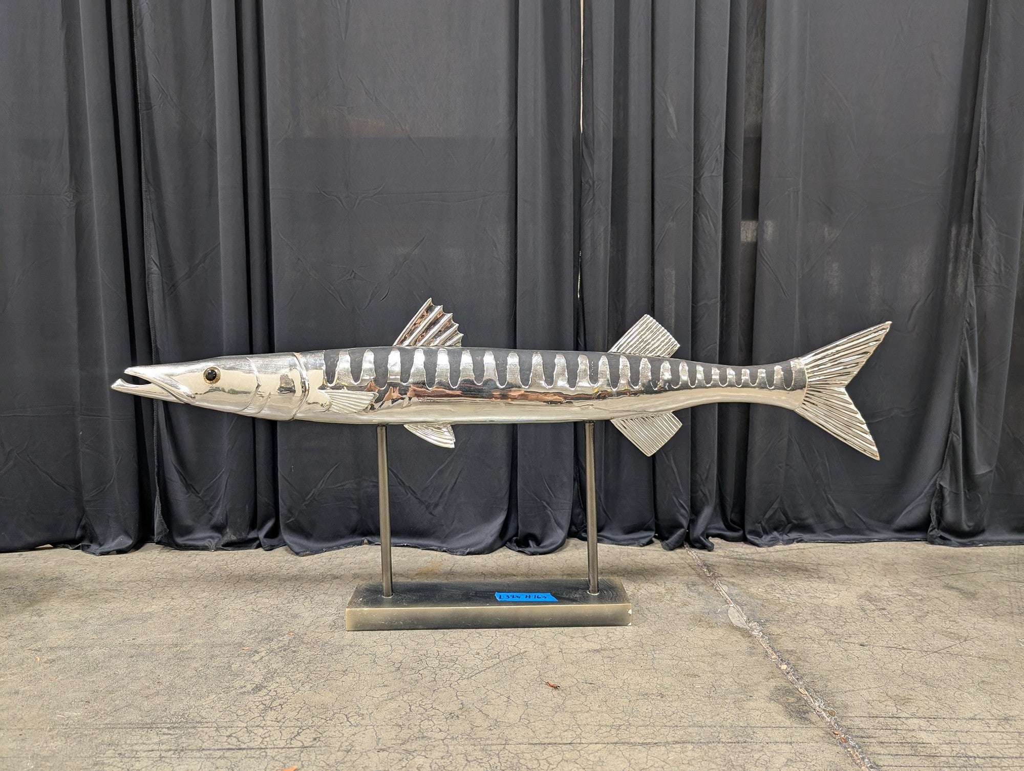Polished Metal Barracuda Fish Sculpture on Stand