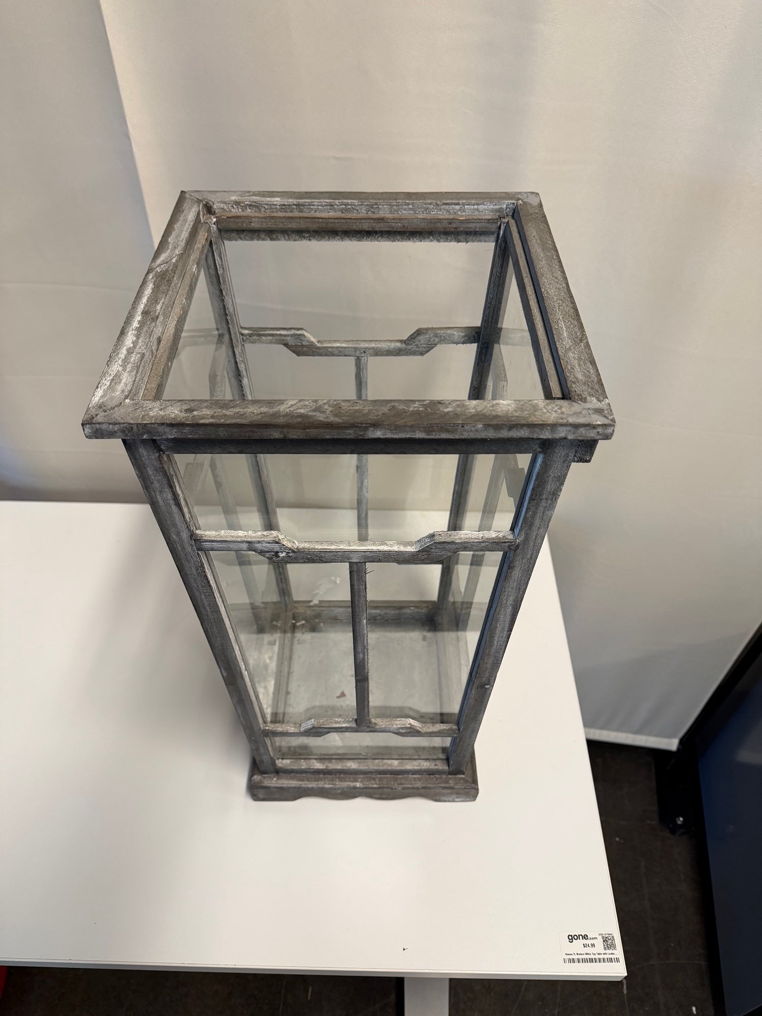 Distressed Grey Metal and Glass Display Lantern