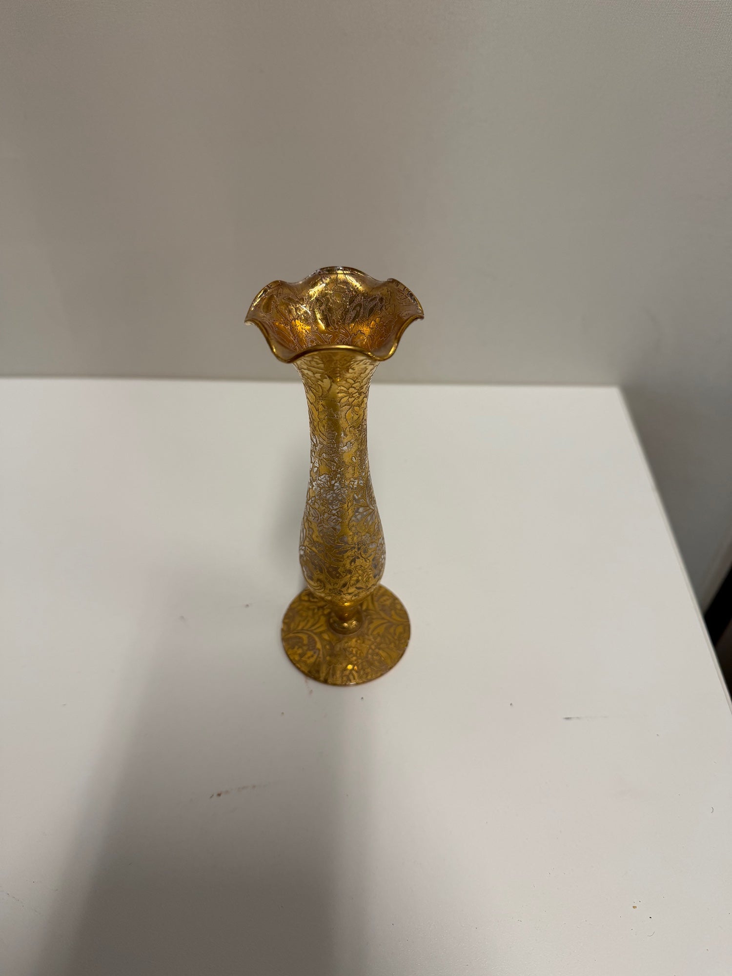 Ornate Gilded Glass Bud Vase with Silver Scrollwork
