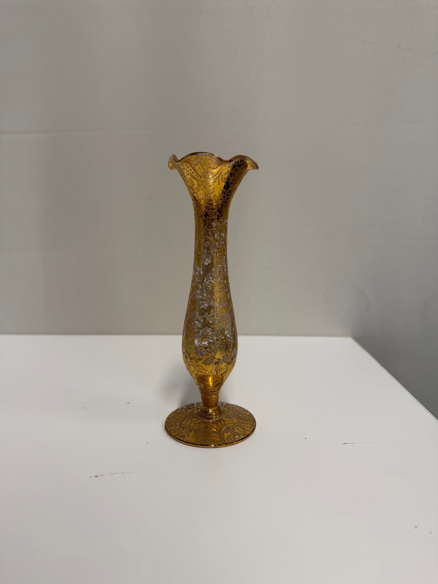 Ornate Gilded Glass Bud Vase with Silver Scrollwork