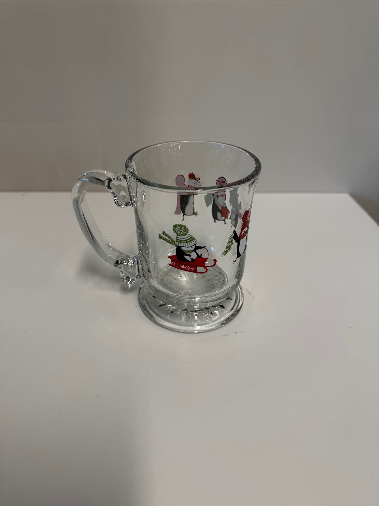 Festive Penguin Holiday Glass Mug with Footed Base