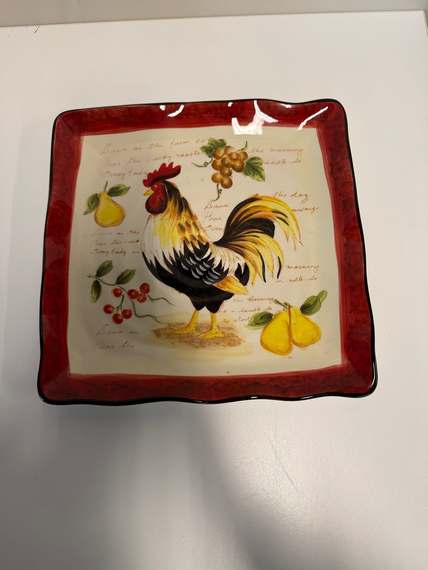 Fruity Rooster Farmhouse Square Ceramic Plate with Rooster & Fruit Motif